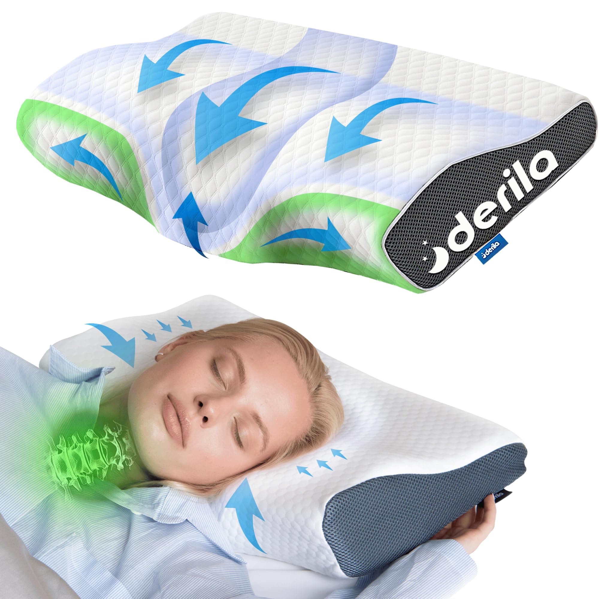 Derila Memory Foam Pillow. The Perfect Bed Pillow for Side, Back, Stomach Sleepers. With Contoured Pillow You Will Wake Up Refreshed (Pack of 1)
