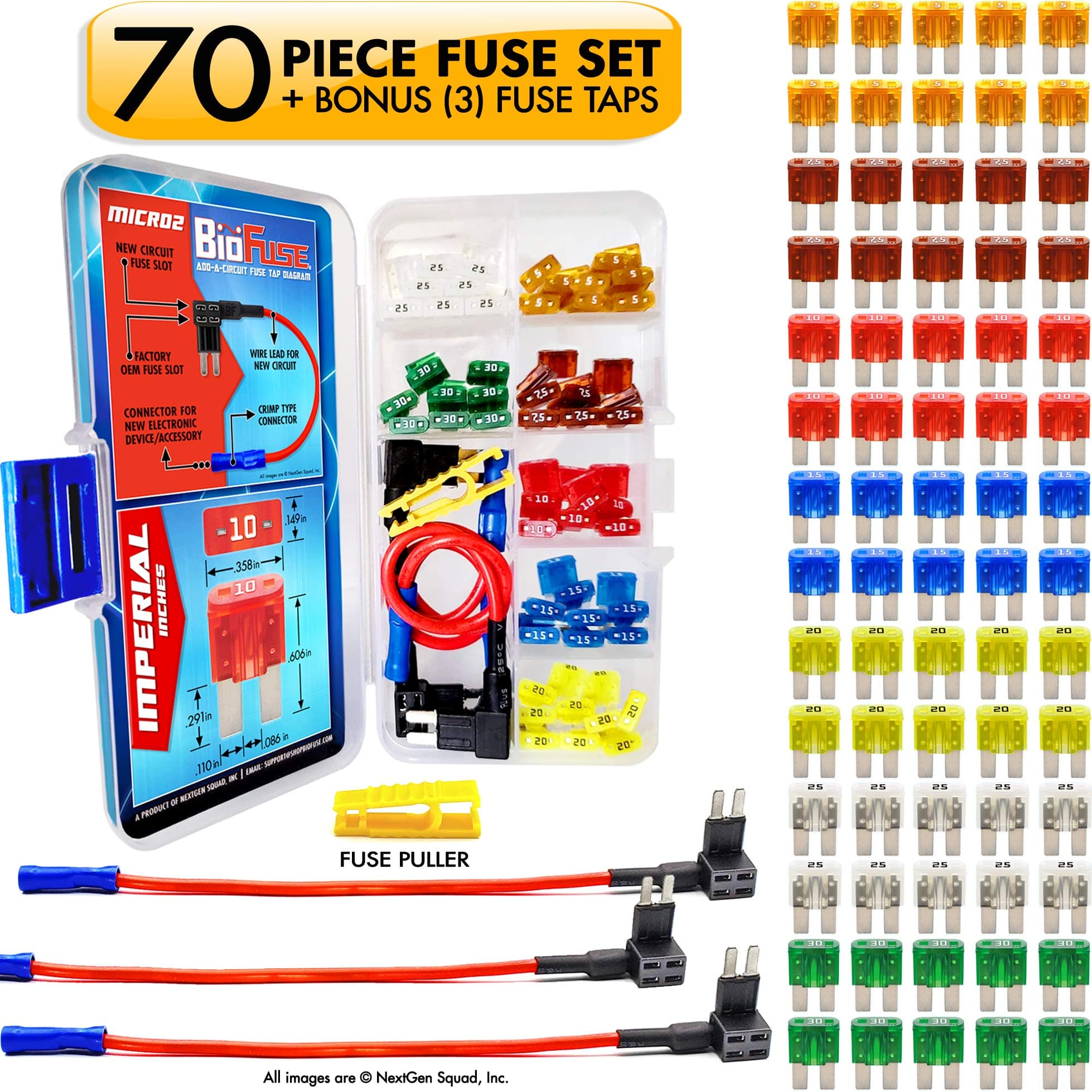 BioFuse 12 AWG Micro2 APT ATR 70 Piece Automotive Car Fuse Assortment and Holders Pack With 3 Add-a-Circuit Tap Adapters, 70 Micro 2 Blade Fuses, Puller - 5A 7.5A 10A 15A 20A 25A 30A