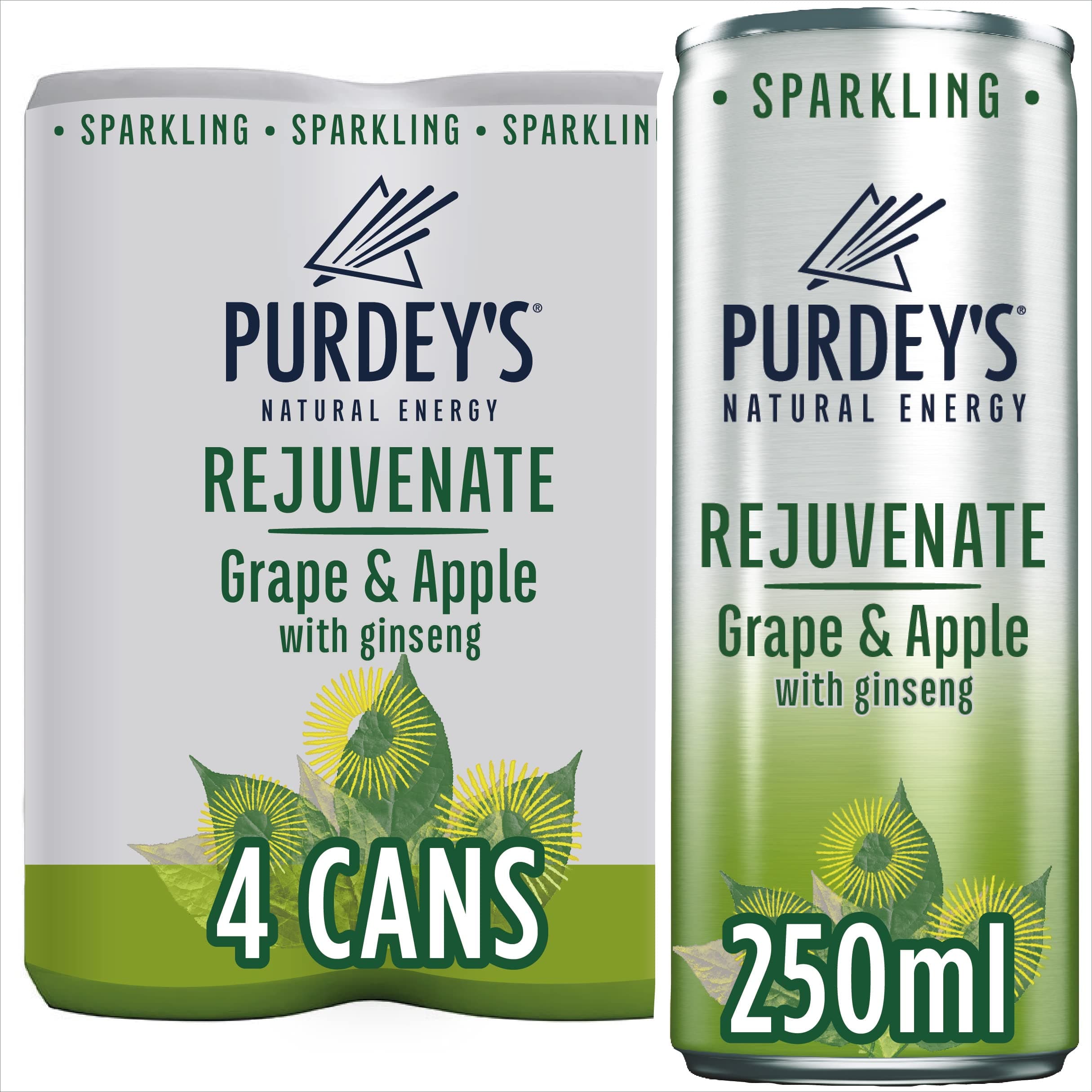 Purdey's Natural Energy Rejuvenate Sparkling Grape & Apple with Ginseng Cans 4 x 250ml