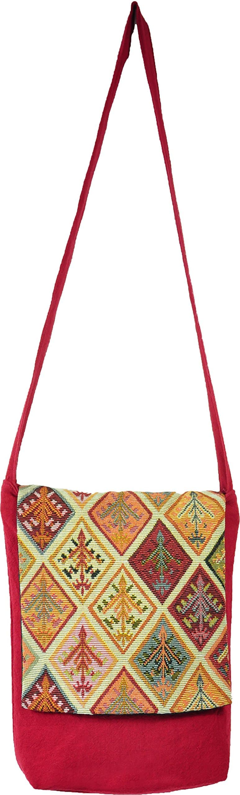 Carmine Red and Orange Shoulder Briefcase Case Asian Thai Style Hippie Boho Hand Made Cotton Fabric Woven Lanna Pattern Sling Tote Cross Body Bag From Chiangmai Thailand