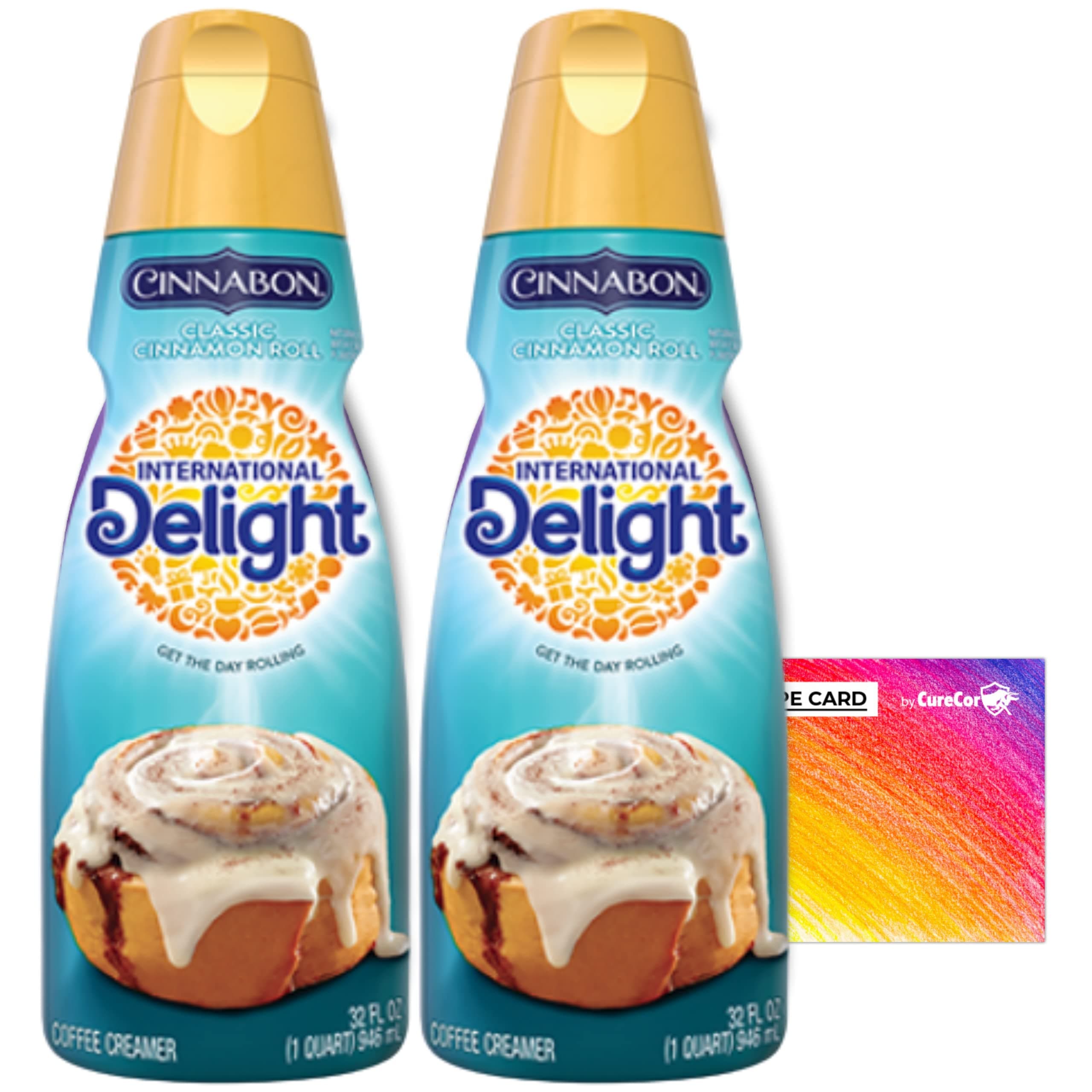 International-Delight Liquid Coffee Creamer.- Two (2) 32 fl oz Bottles Creamy Smoothly Delightful Coffee Creamer and One Authentic CureCor Collective Sticker! (Cinnabon Classic Cinnamon Roll))