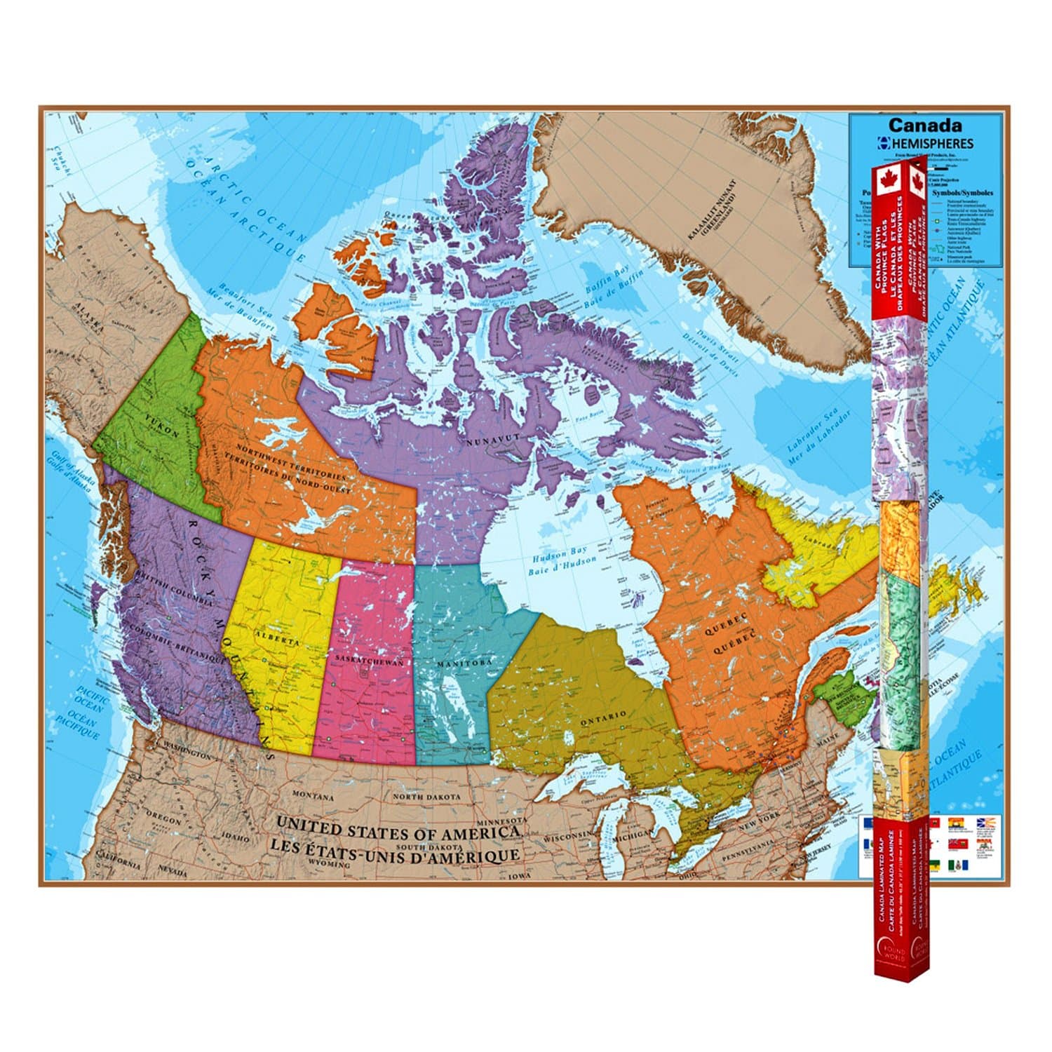 Waypoint Geographic Hemispheres Canada Wall Map with Provincial Flags, Laminated Bi-Lingual World Map Poster, Educational Wall Art For Home, Classroom, or Office, Unique Gifts, 47” x 38”