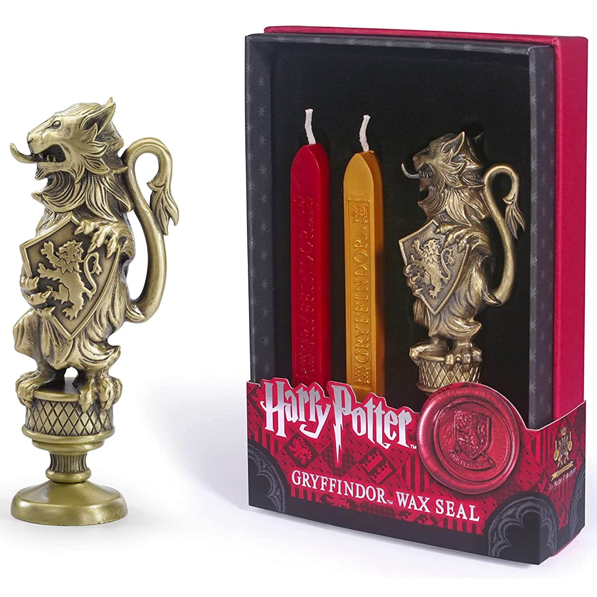 The Noble Collection Harry Potter Gryffindor Wax Seal - 6.5in (16.5cm) Die Cast Metal Stamp and Coloured Red and Gold Wax Set - Officially Licensed Film Set Movie Props Gifts Stationery