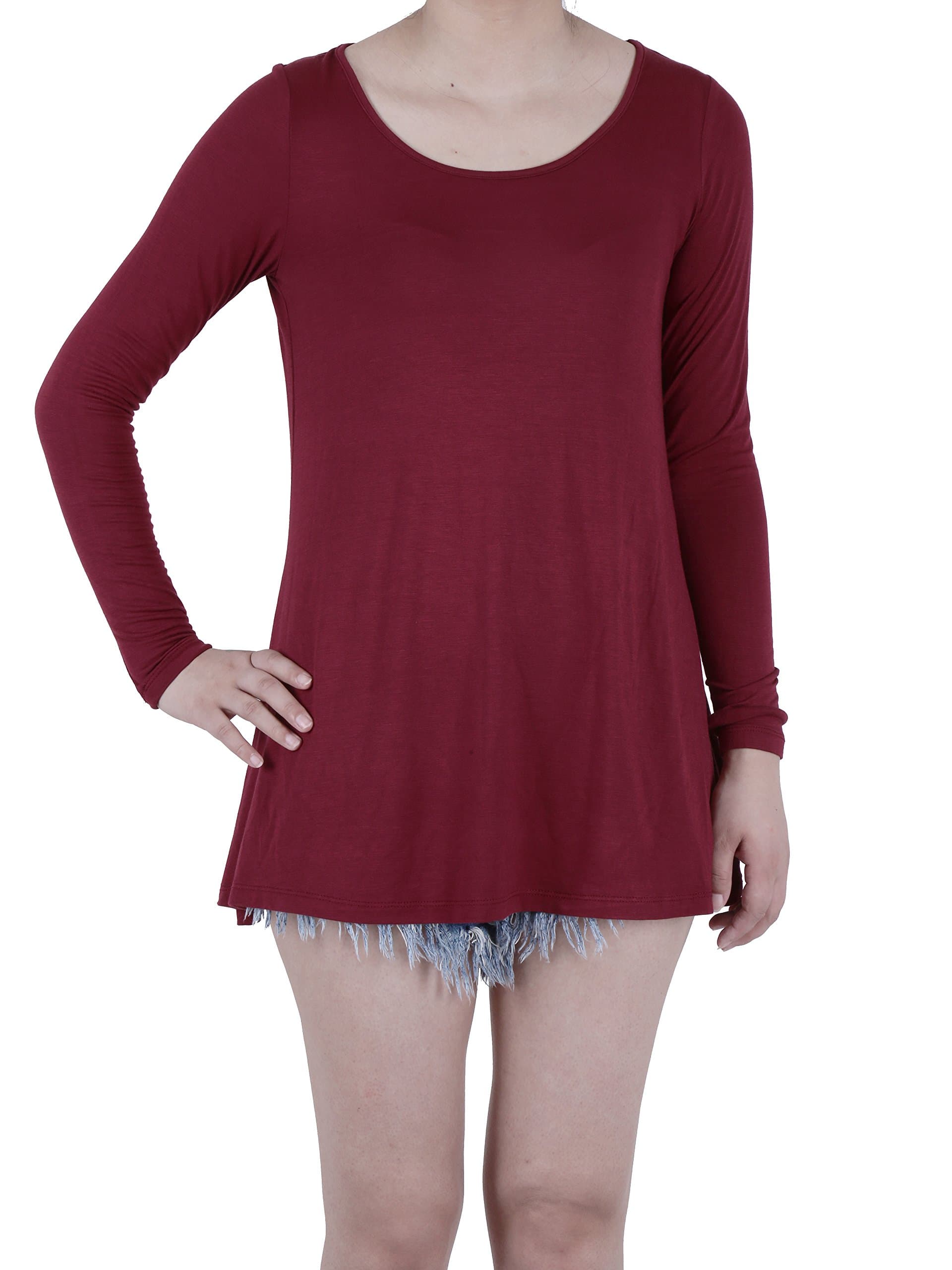 FAVELEM Womens Long Sleeve Loose Fit Short Tunic Top T Shirts(XXL,Burgundy) 904-5 Apparel