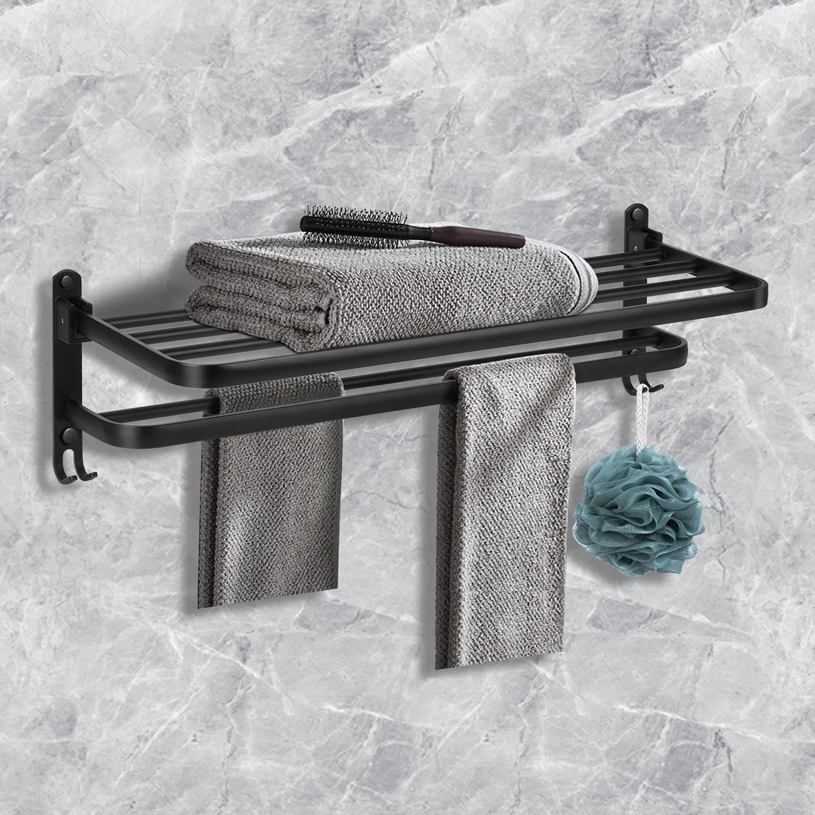 Duwee Foldable Towel Rack Wall Mounted with 4 Adjustable Hooks 24 Inch Bathroom Hotel and home Bath Towel Shelf with Towel Bar No Rust Matte Black Finish