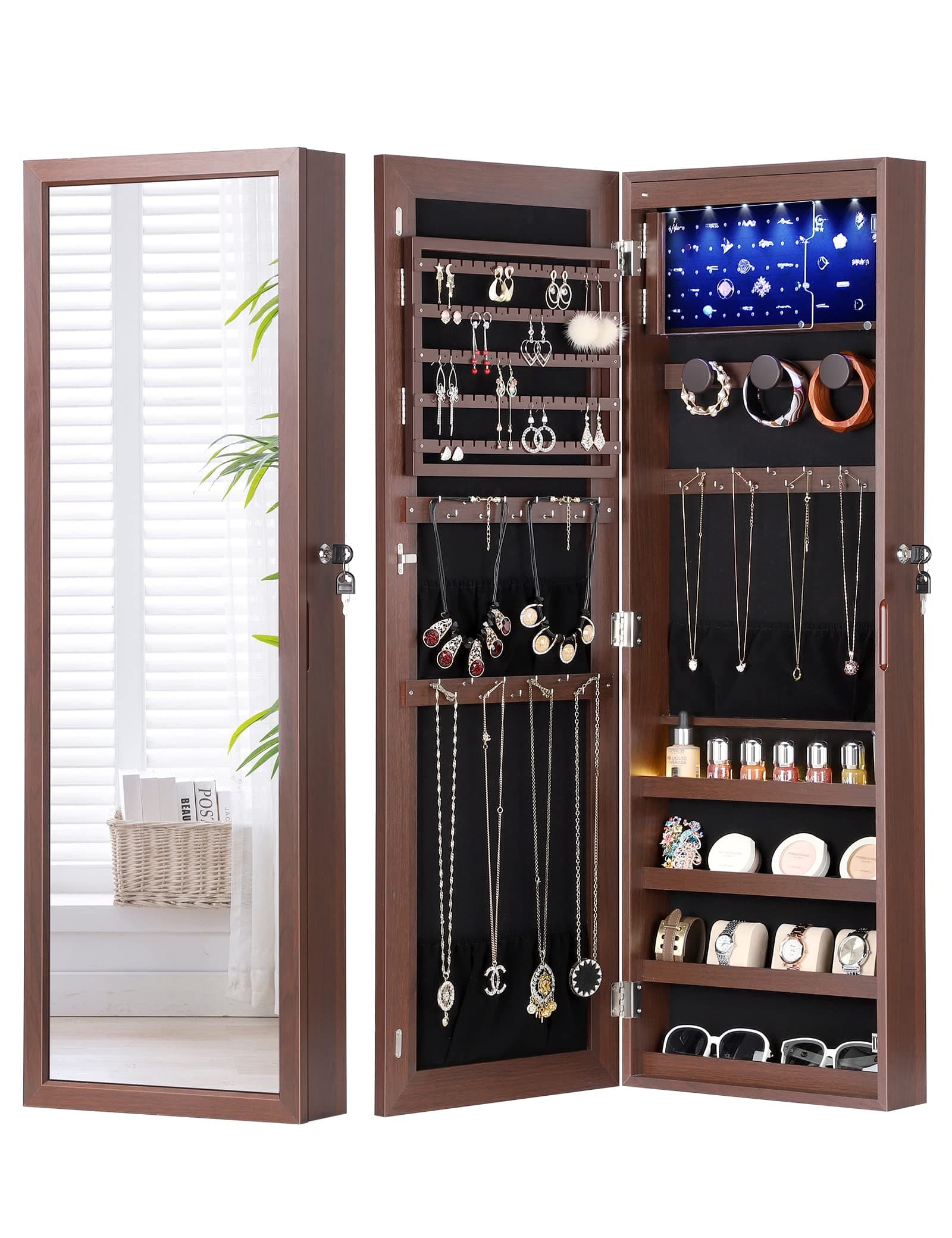 Nicetree 6 LEDs Jewelry Mirror Cabinet, 4.2" D Full Length Mirror with Storage, Door/Wall Mounted Jewelry Storage Mirror, Acrylic Cover, Larger Capacity, Brown