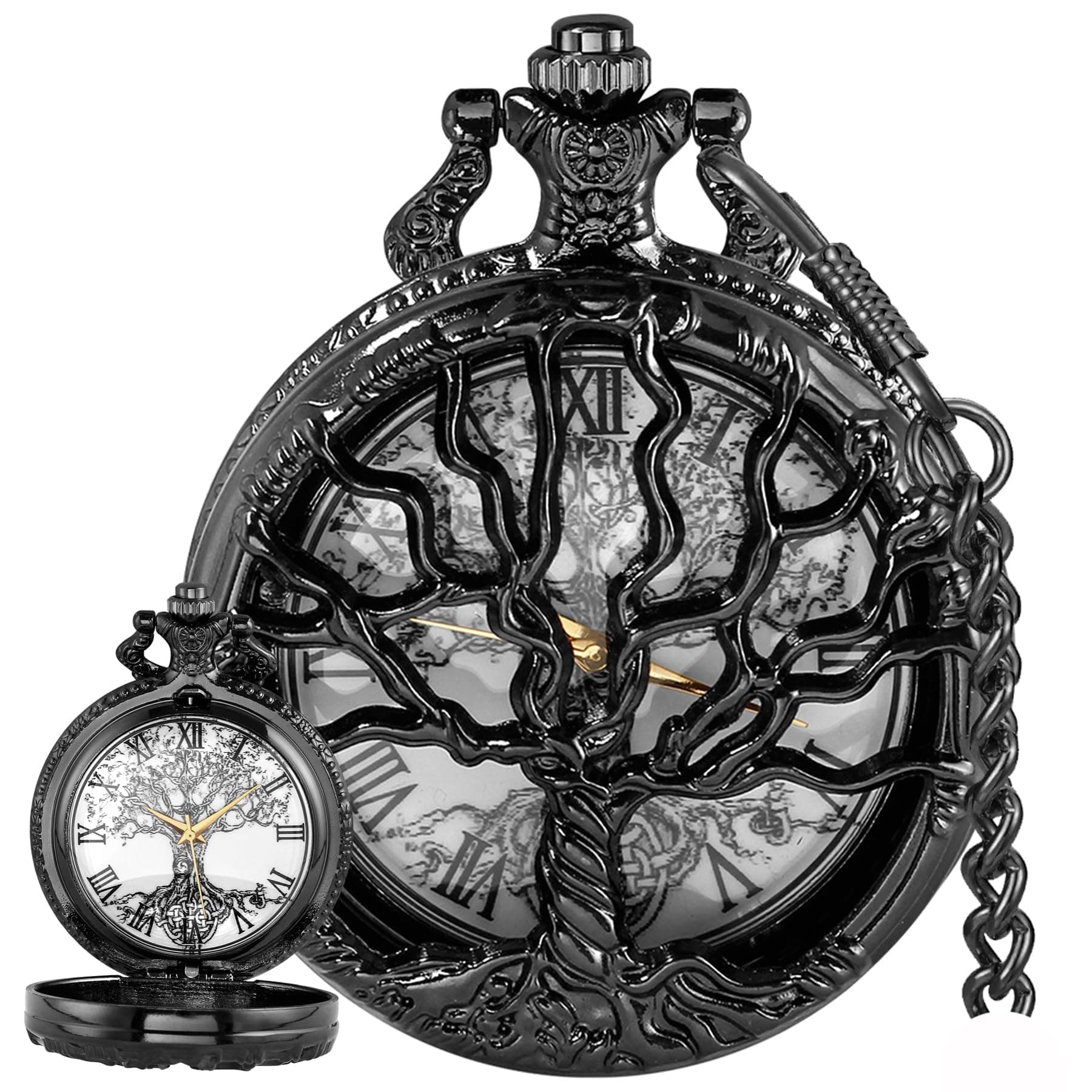 Pocket Watch Hollow Tree of Life Design Roman/Arabic Numerals Quartz Pocket Watches with Chain Pendant for Men Women