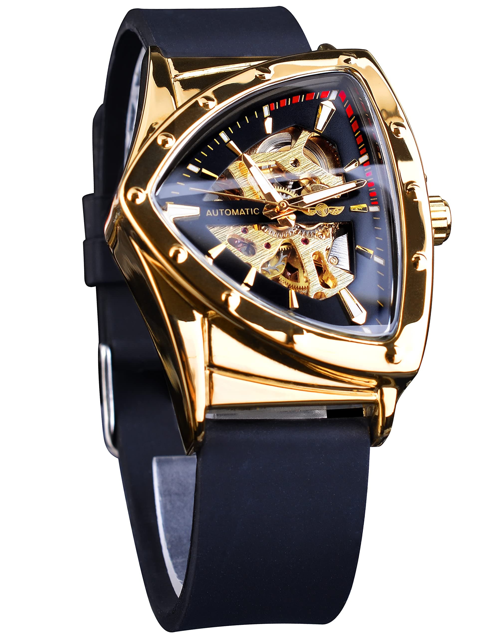 Skeleton Watches for Men, Automatic Mechanical Watch with Triangle Dial, Luminous Self Winding Watches Stainless Steel Bracelet or Soft Silicone Strap