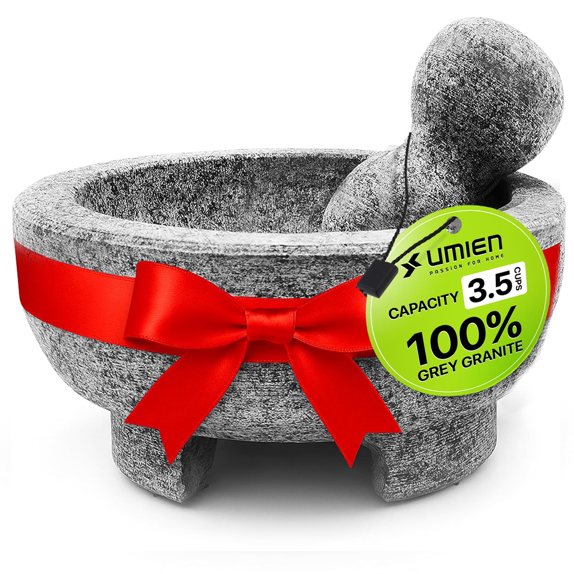Umien™ Granite Mortar and Pestle Set Guacamole Bowl Molcajete 8 Inch - Natural Stone Grinder for Spices, Seasonings, Pastes, Pestos and Guacamole - Extra Bonus Avocado Tool Included