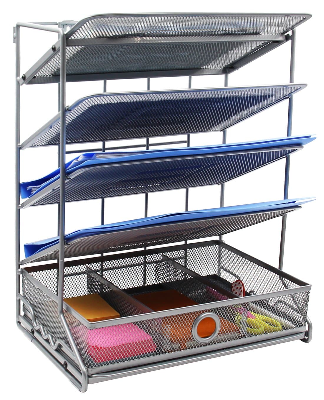 5 Tier Assembly Desk Trays Desktop / Wall Mount / Hanging File Organiser with Extra Drawer Organiser ,Silver