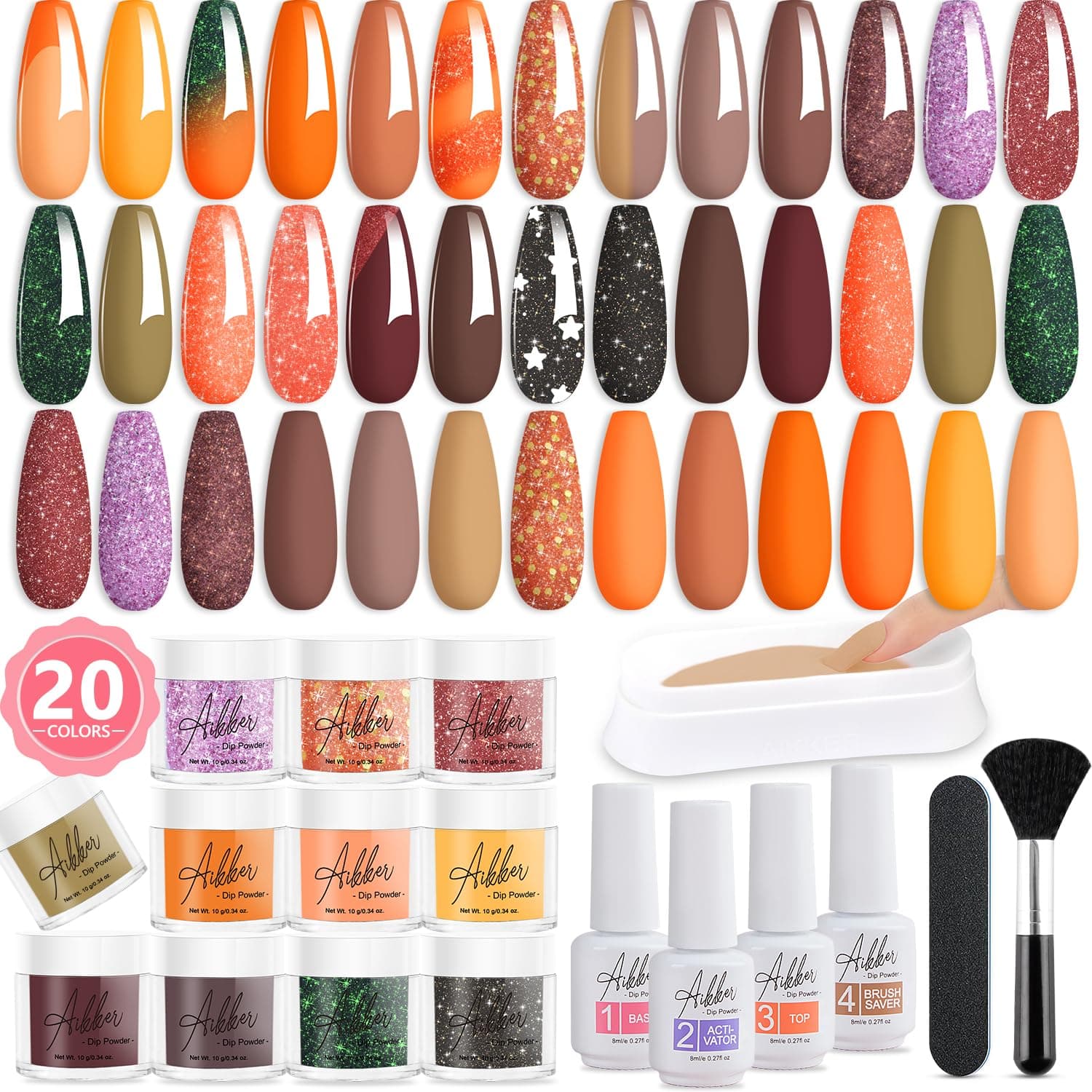 Aikker 27 Pcs Dip Powder Nail Kit 20 Colours Orange Purple Coffee Green Glitter Shine Dipping Powder Starter Set with Base Top Coat Activator Dip Recycling Box Manicure DIY AK40