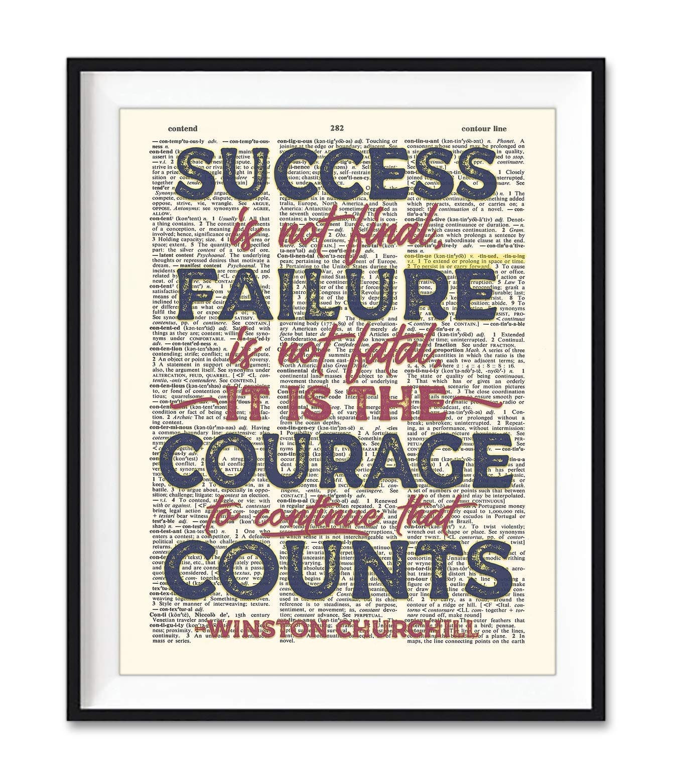 Success Is Not Final, Failure Is Not Fatal, Winston Churchill Inspirational Quote Art Print, Unframed, Vintage Highlighted Dictionary Page, Motivational Wall Art Decor Poster, 8x10 Inches