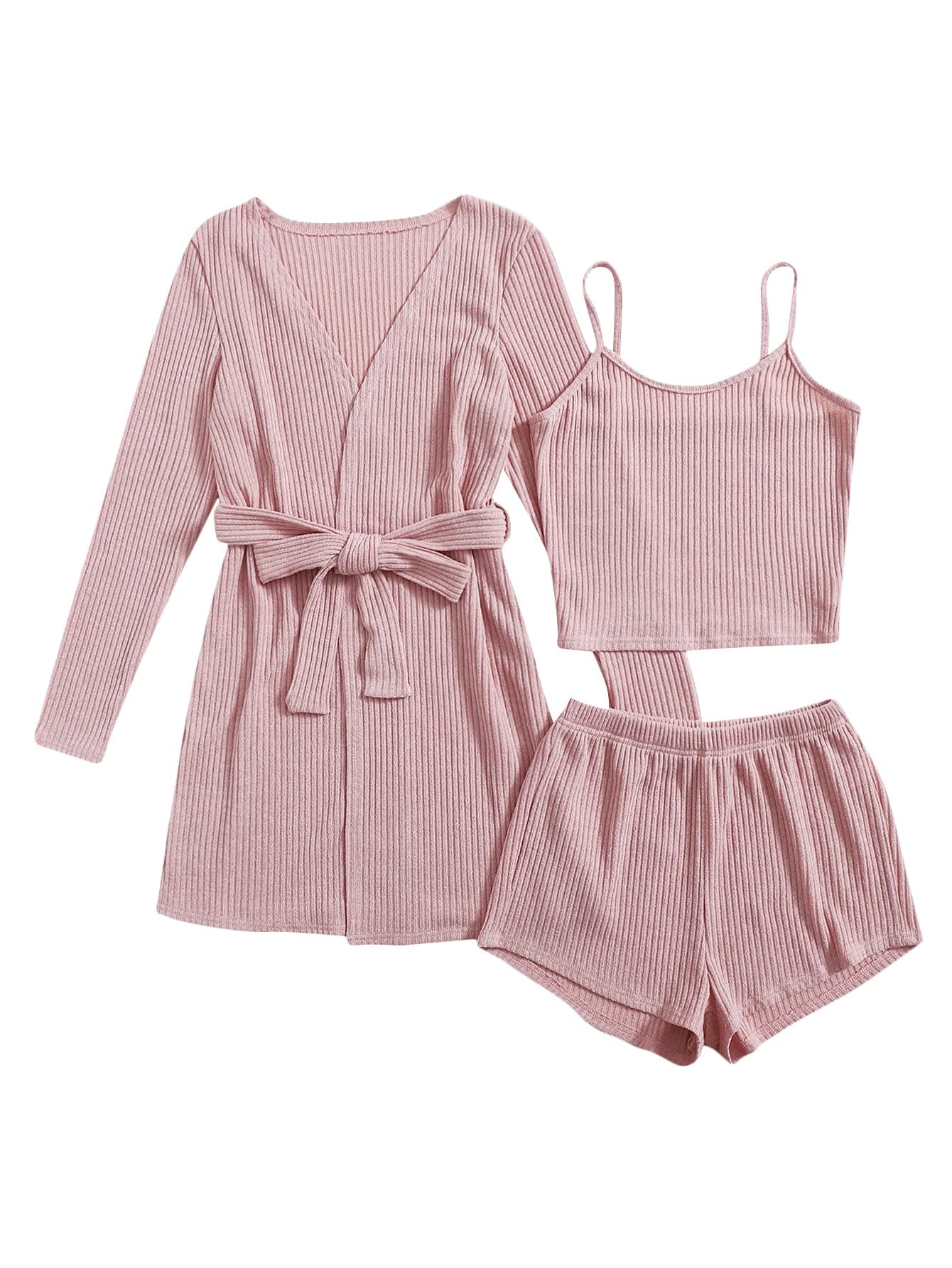 SOLY HUX Womens 3 Piece Lounge Set Pajama Sets Sleepwear Rib Knit Cami Tops and Shorts with Robe Cardigan