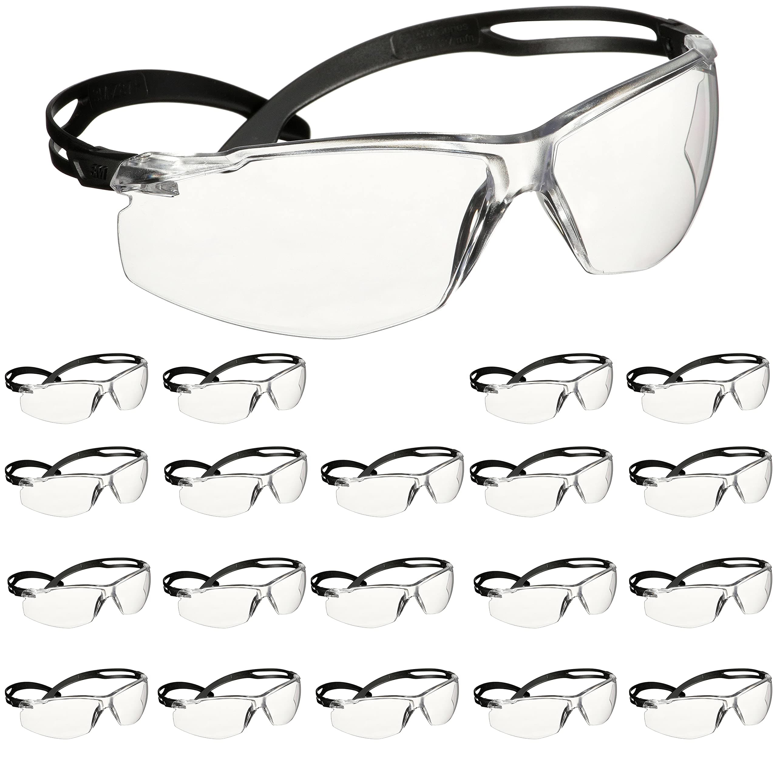 3M Safety Glasses,500 Series, 20 Pack, Impact Rated ANSI Z87, Adjustable Ratchet Temples, Sporty Protective Eyewear, Anti-Fog Anti-Scratch Clear Lens, Black Frame
