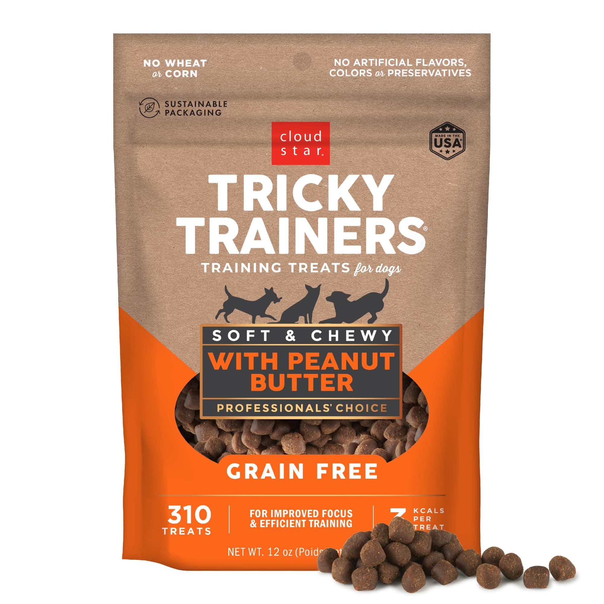 Cloud Star Tricky Trainers Soft & Chewy Dog Training Treats 12 oz. Bag, Peanut Butter Flavor, Grain-Free Low Calorie Behavior Aid with 310 treats