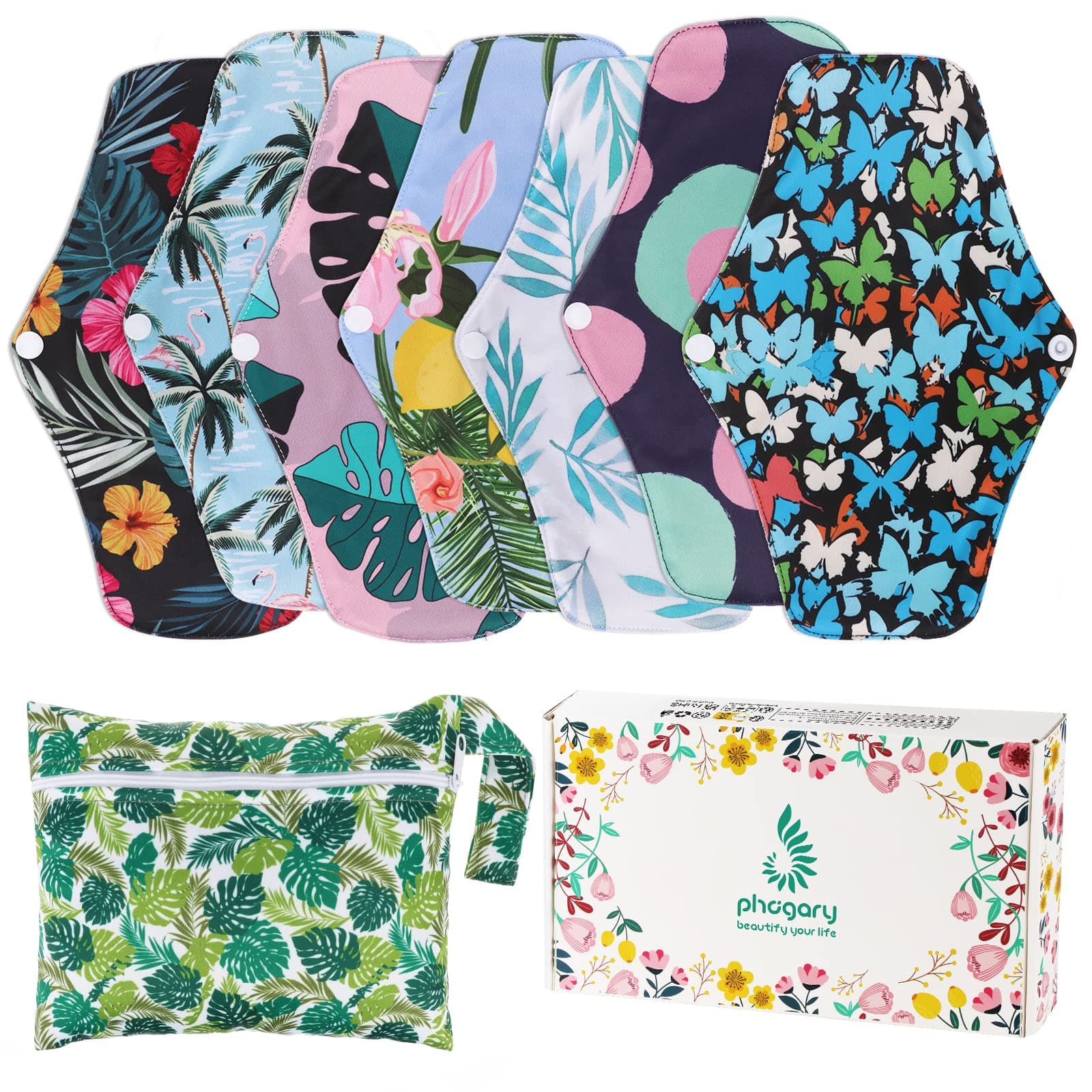 PHOGARY Reusable Menstrual Pads for Heavy Flow with Wet Bag, Sanitary Pads Set with Wings for Women, Washable Overnight Cloth Panty Liners (7 in 1, Style F)