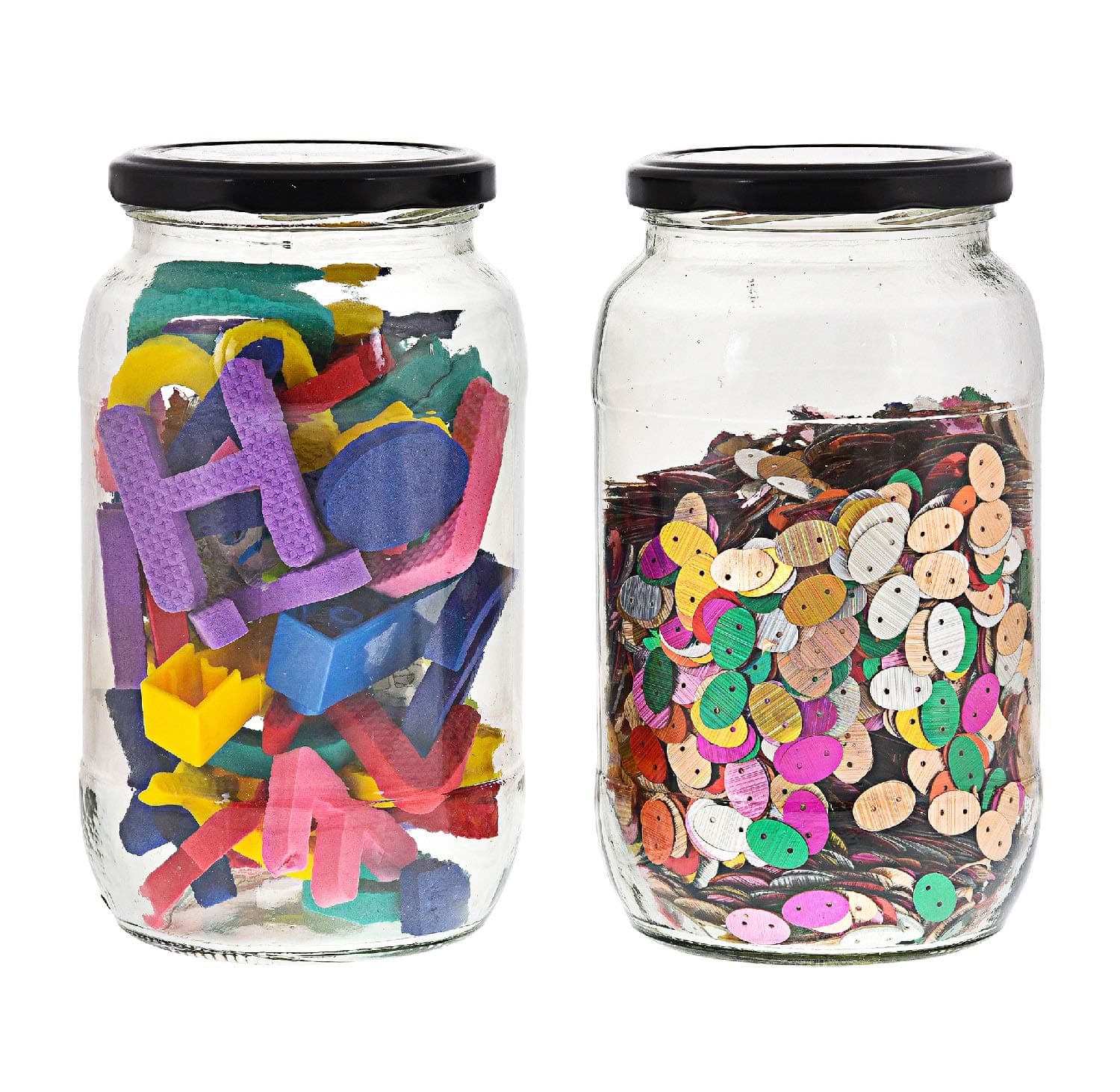 Big Round Glass Jar Containers For Kitchen Storage With Airtight Black Lid, 1kg, Set of 2