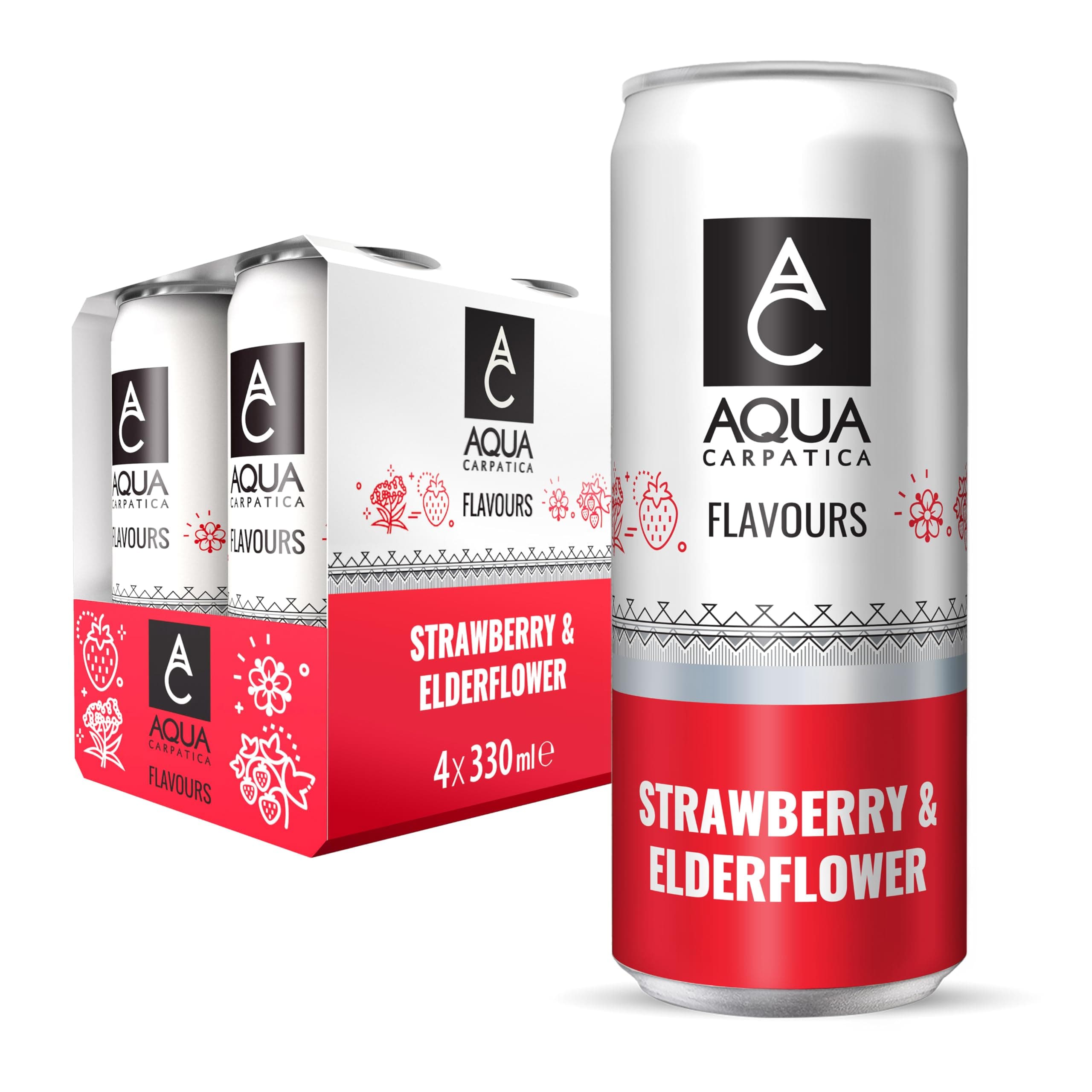 Sparkling Flavours Strawberry & Elderflower 330ml x 4 - Natural Fruit Juice Infused Sparkling Water, Naturally Alkaline, Sweetened with Agave Syrup, Rich in Minerals