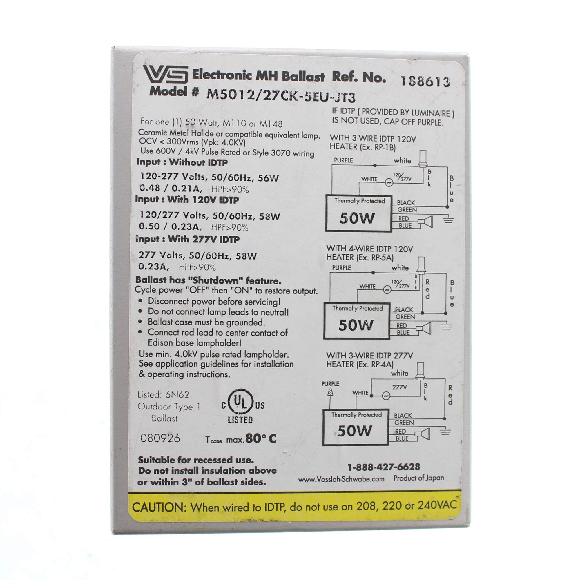 M5012/27CK-5EU-JT3 Electronic MH Metal Halide Ballast, M110, 50W, 120/277V