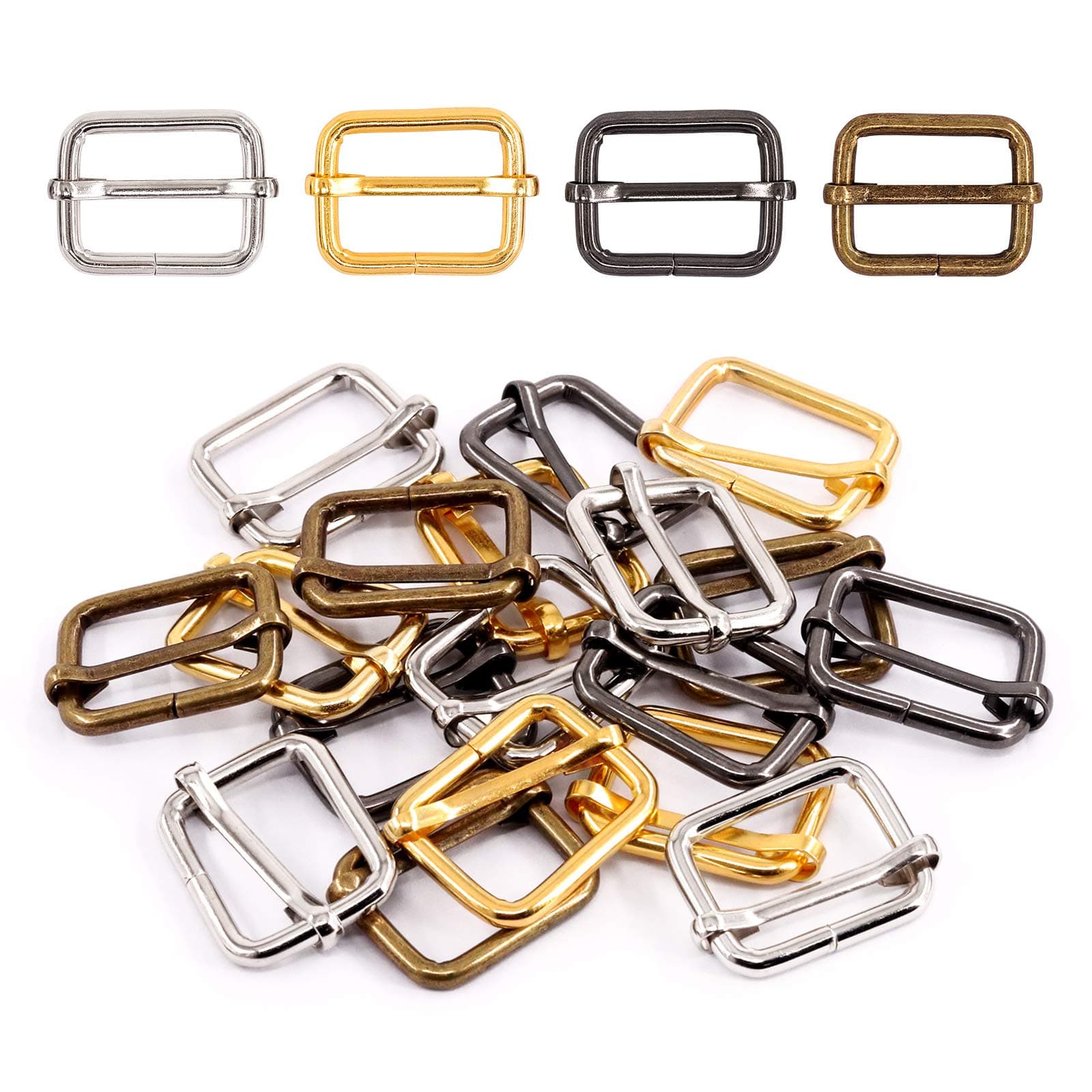 60Pcs Heavy Duty 1 Inch / 25mm Metal Rectangle Adjuster Triglides Slides Buckle, Webbing Belts Buckle Metal Rings for for Belt Bags DIY Accessories Keychains - Sliver, Bronze, Gold, Gun-Black