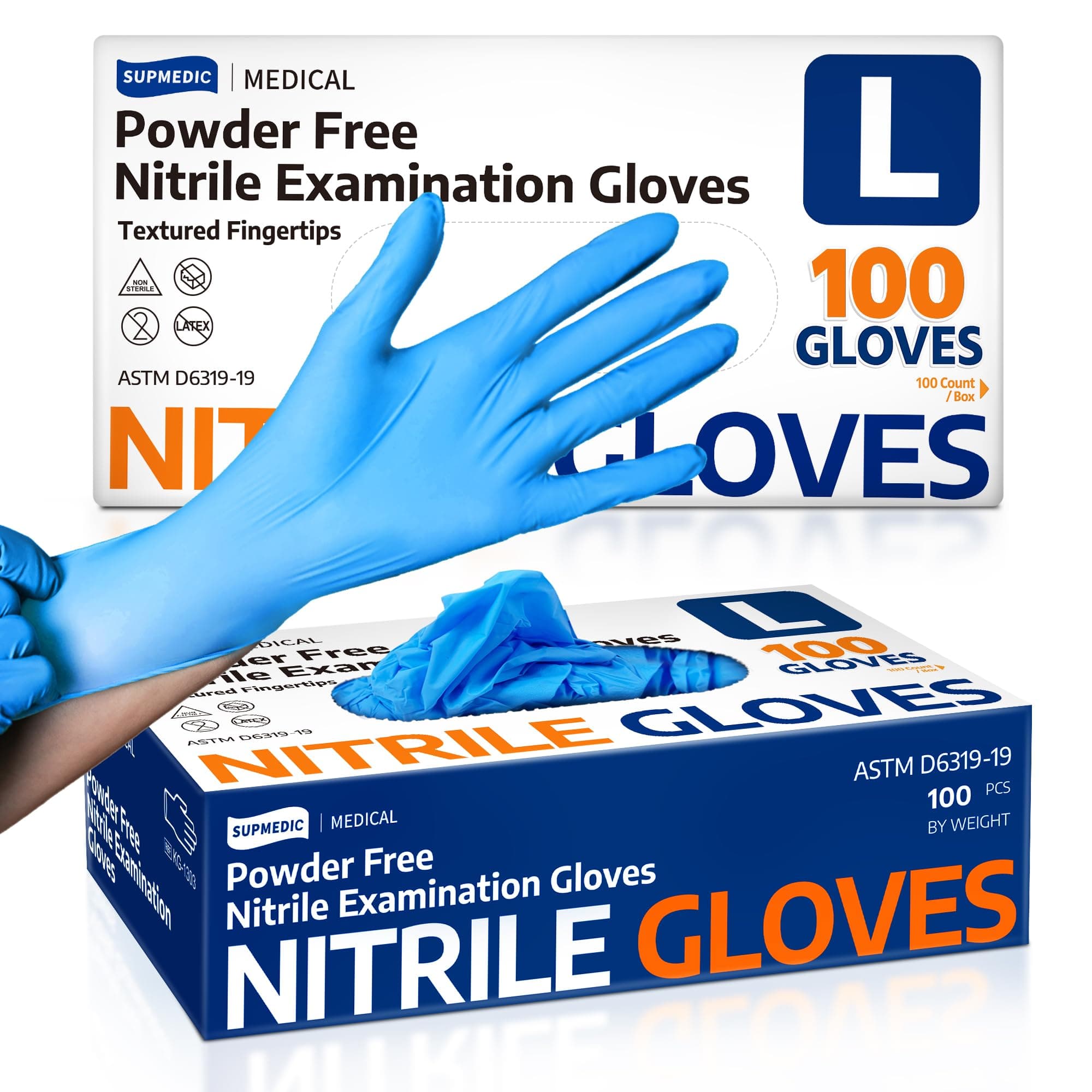 Nitrile Exam Glove, 4 mil Disposable Medical Gloves Powder-Free Latex-Free, SKF Series Box of 100 pcs (Blue) (Large)