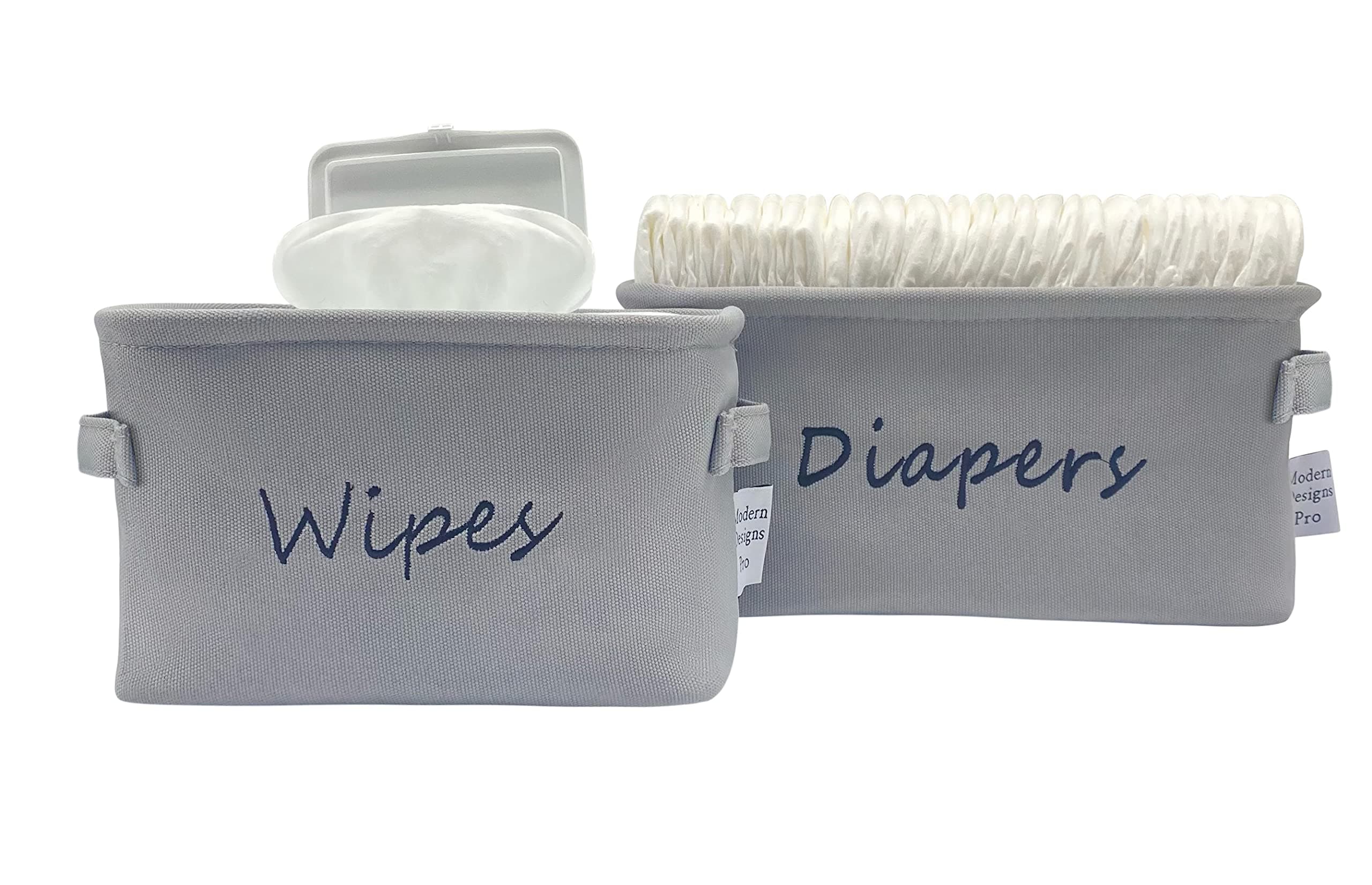 Embroidered Diaper and Wipes Caddy - Grey Diaper and Wipes Storage Baskets for Nursery - Changing Table Organizer