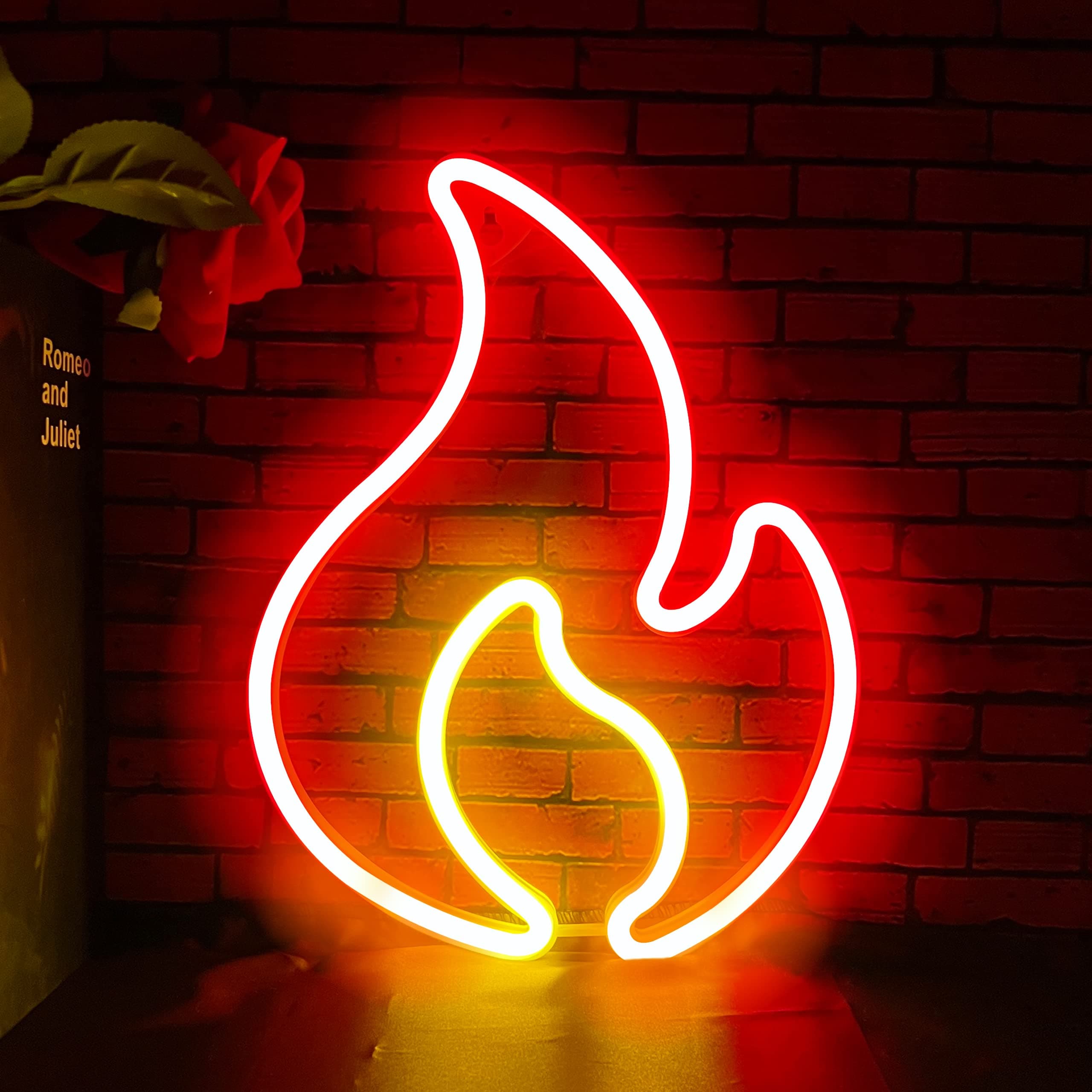 Flame Neon Sign, Flame Led Light Sign for Wall Decor, Hanging Flames Shaped Light, USB or Battery Powered Fire Neon Sign for Kids Boys Room, Party, Bar, Birthday Decorations Red + Yellow