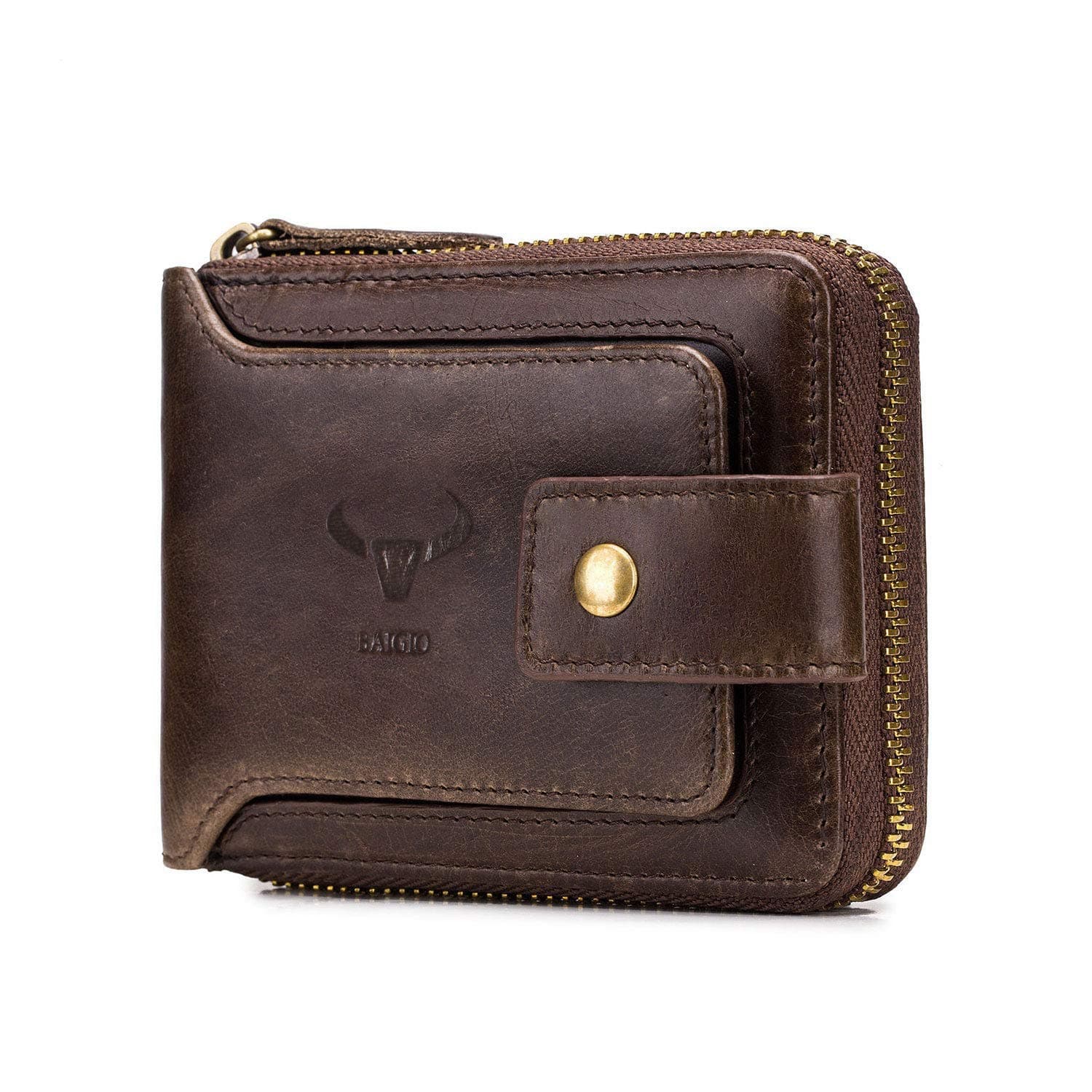 RFID Men Leather Zipper Wallet Zip Around Wallet Bifold Multi Card Holder Purse (Brown)