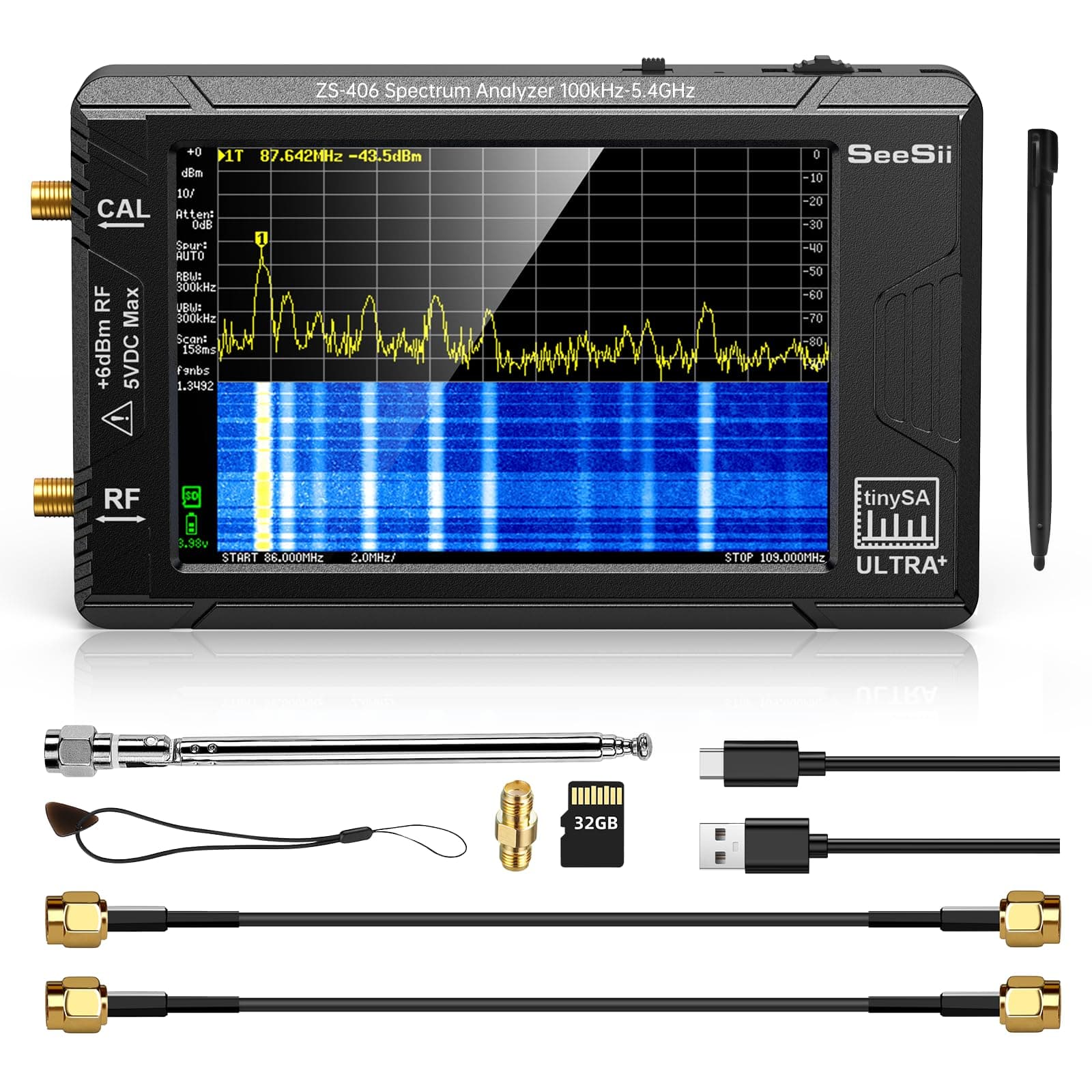 TinySA Ultra+ ZS406 Spectrum Analyzer, 4.0 Inch 100kHz to 5.4GHz Handheld Tiny Frequency Analyzer with 32Gb Card, 2-in-1 Signal Generator MF/HF/VHF UHF Input,V0.4.6.1,2025 Upgraded