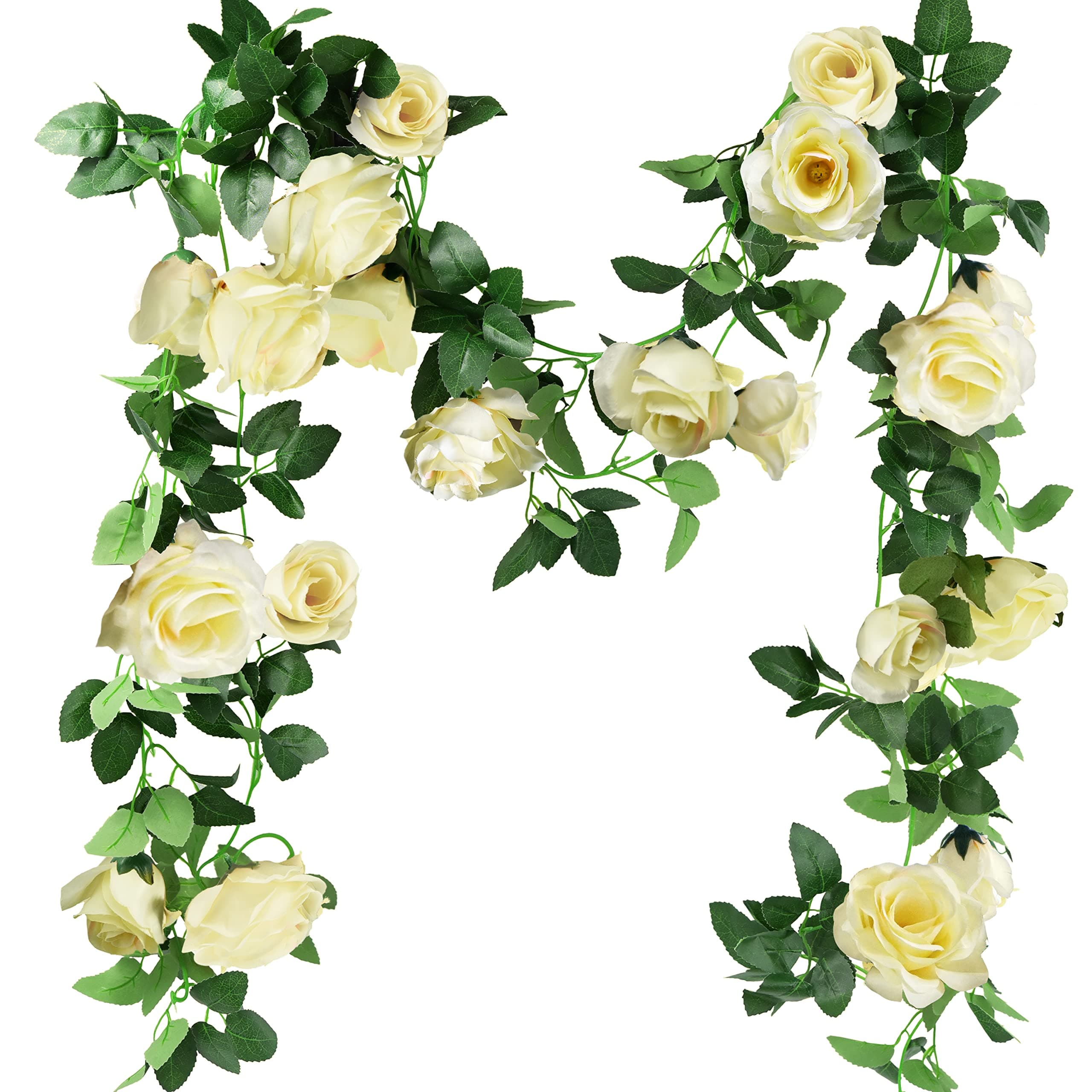 FiveSeasonStuff Cream White Artificial Rose Garlands, Set of Two Silk Flower Vines, Total Length 4.4 Metres for Home Interiors and Decorative Displays