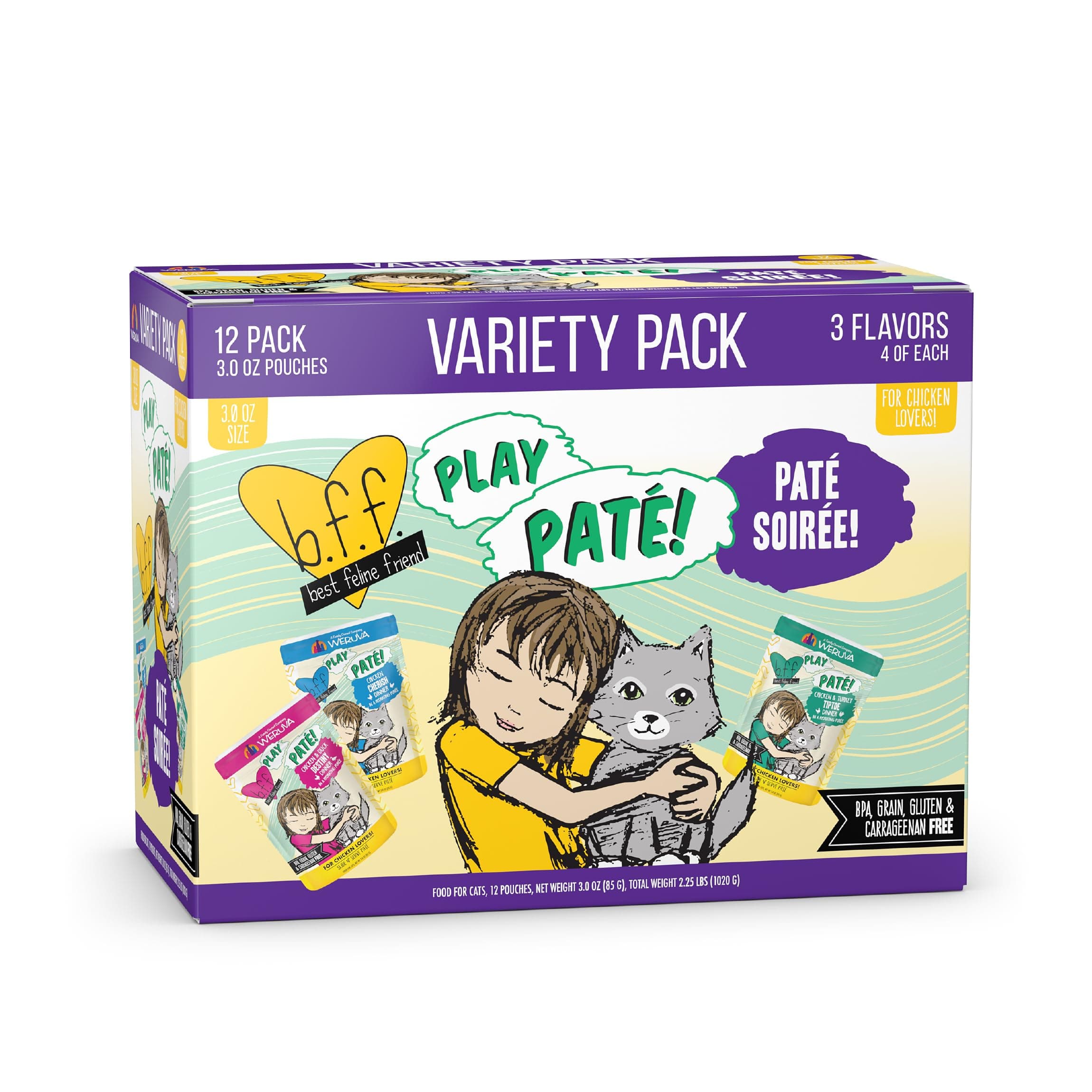 Weruva B.F.F. Play - Best Feline Friend Paté Lovers, Aw Yeah!, Paté Soiree! Variety Pack, 2.8oz Pouch (Pack of 12)