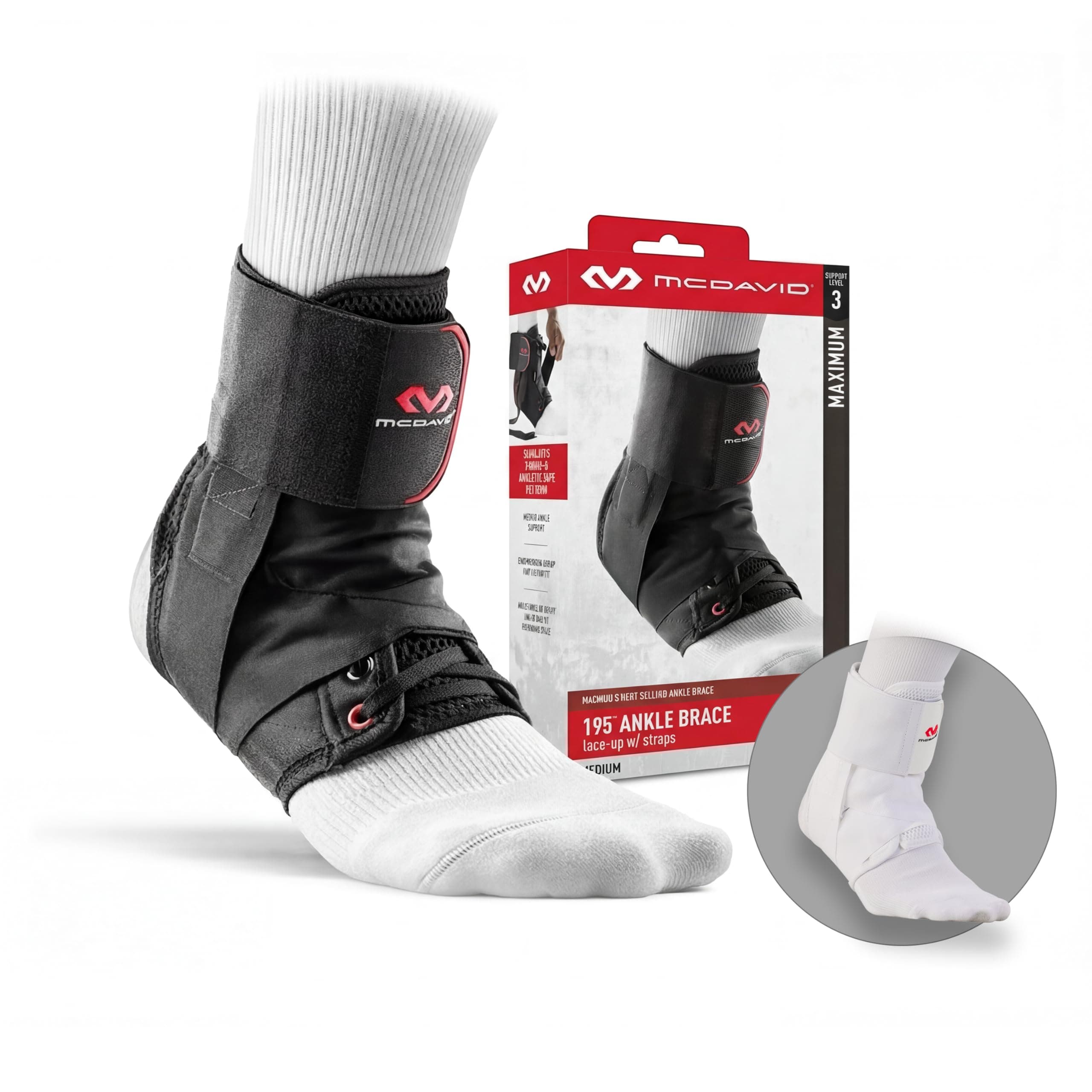 McDavid Level 3 Ankle Brace with Straps, Black, Large, 1 Count