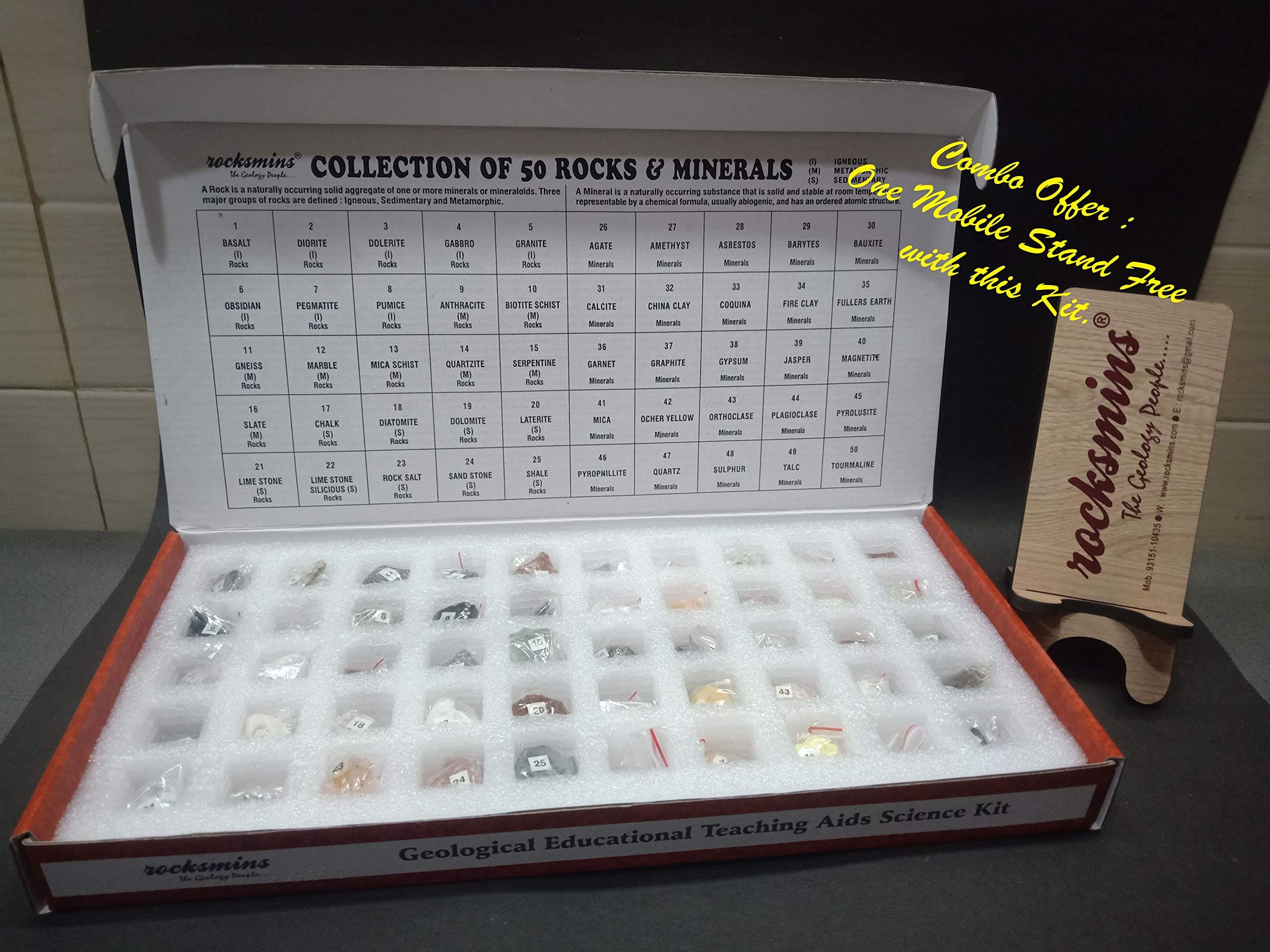 Rocksmins RM50PTTMS Set of 50 Rocks and Minerals (25 Rocks+25 Minerals) Combined Kits Sets Collections with Free Mobile Stand Rock Mineral Collection (RM50PTTMS)