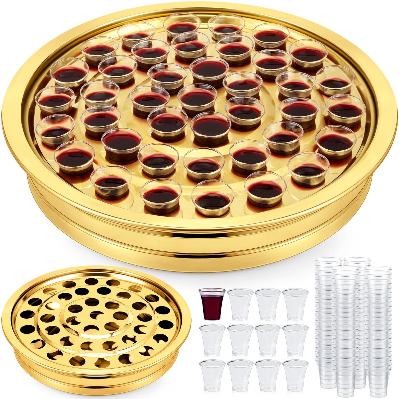 Zhehao 1 Pcs Communion Trays for Churches, Gold Stainless Steel, Round, Modern Style, Stackable, Dishwasher Safe, Holds 40 Cups Each, Includes 100 Disposable Cups