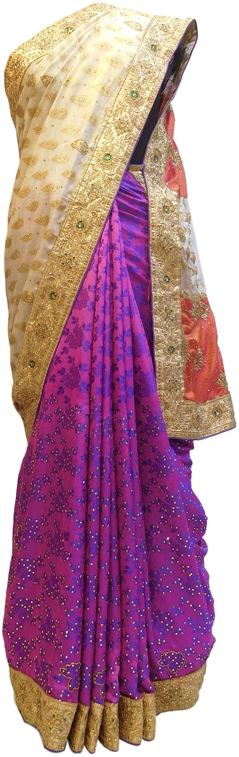 SMSAREE Red Cream & Violet Designer Georgette Hand Embroidery Zari Cutdana Stone Work Saree Sari AZC654