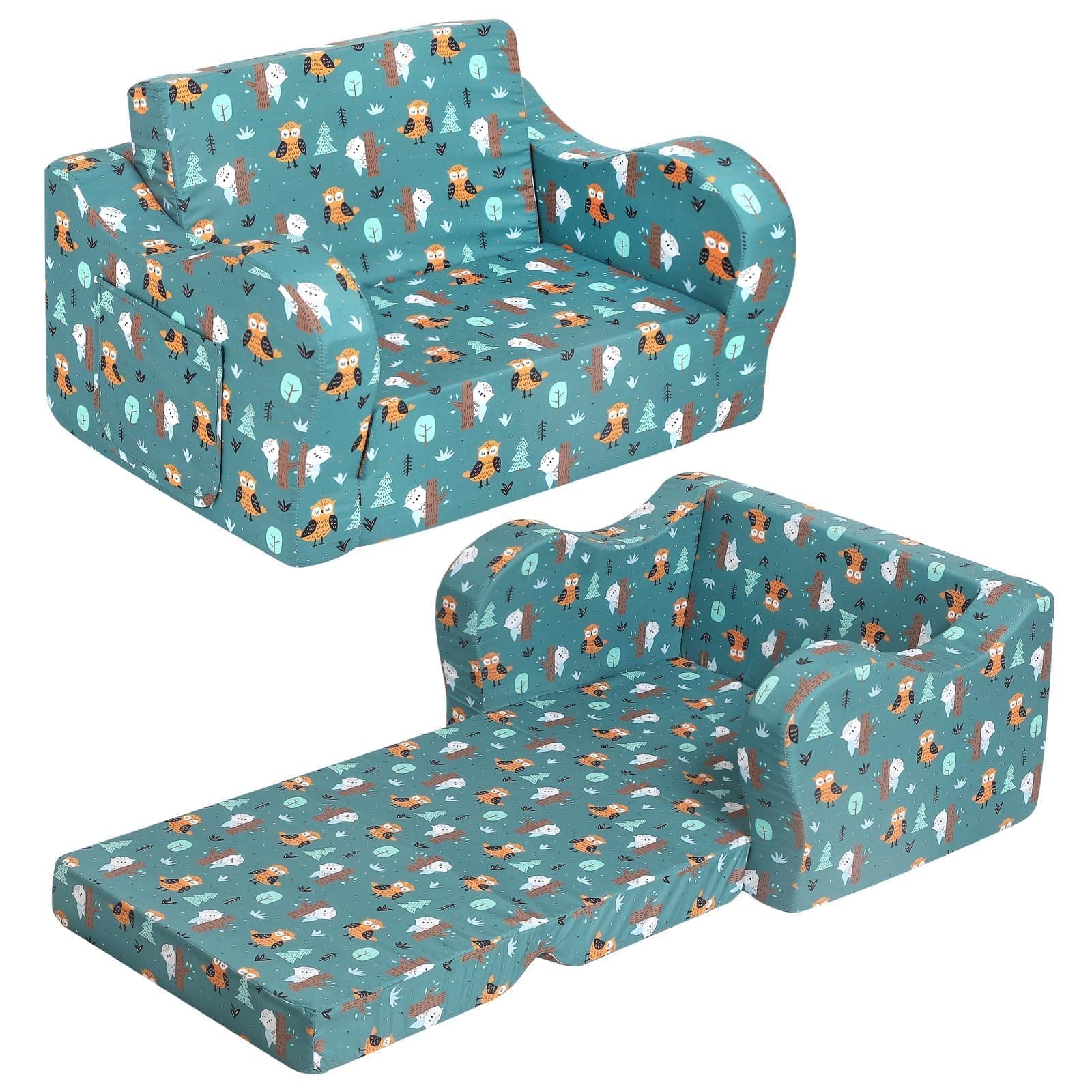 Kids Sofa, 2-in-1 Flip-Out Foam Couch, Foldable Soft Play Lounge Chair, Teal