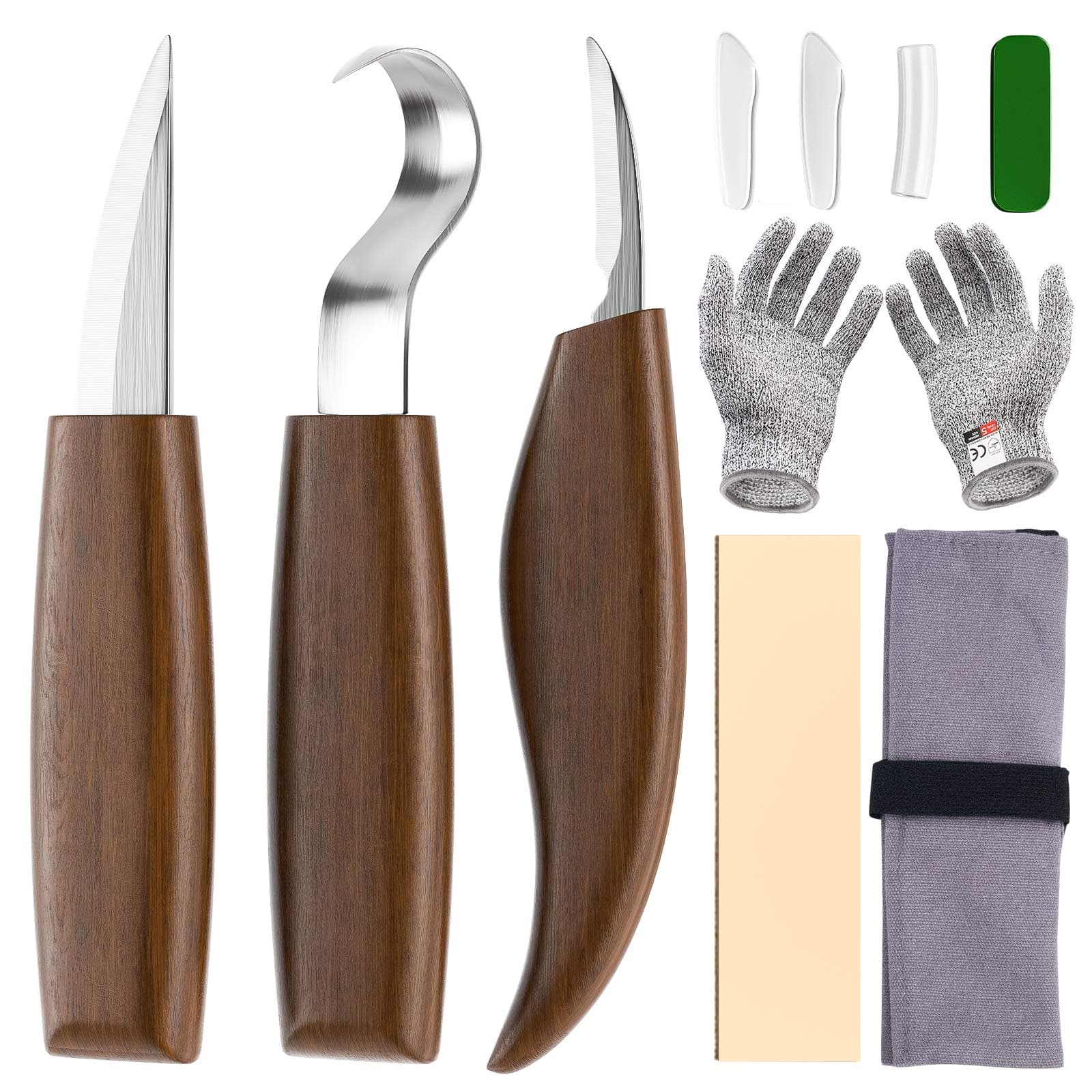 SibyTech Wood Carving Tools 5 in 1 Knife Set - Includes Cut Resistant Gloves, Hook Knife, Whittling Knife, Detail Knife, Carving Knife Sharpener for Spoon Bowl Cup Kuksa Woodworking