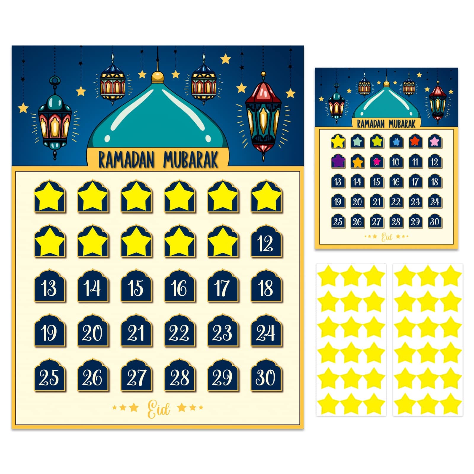 Ramadan Calendar 2023 Eid Mubarak Countdown for Kids 30 Days Advent Poster Decorations Home Wall with 36 Star Stickers and 1PCS Small Card