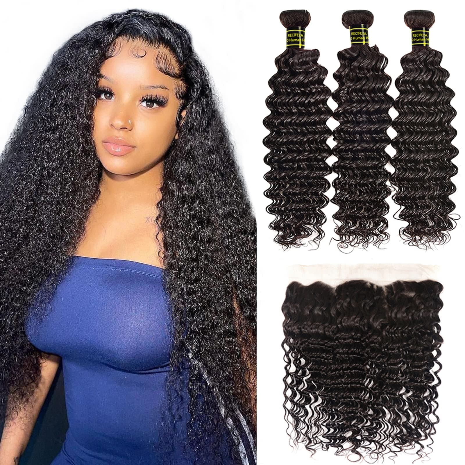Brazilian Hair Bundles with Frontal Deep Wave Bundles with Frontal 100% Unprocessed Virgin Human Hair Bundles Ear to Ear Lace Frontal Deep Curly Bundles with Frontal Free Part (24 26 28+20)