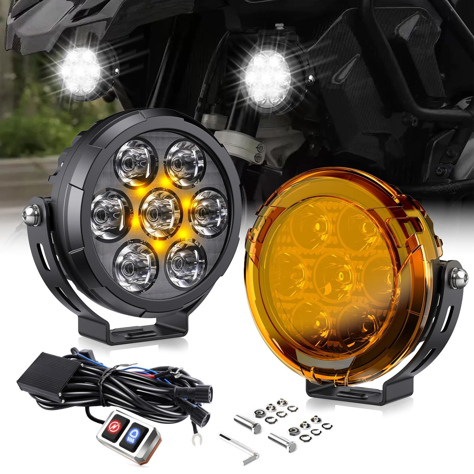 COLIGHT 4.5 Inch Motorcycle LED Driving Lights - 100W 25000 LM Round Pod With Waterproof Wiring Harness Kit - Offroad Work Spotlight With Amber Protection Cover - 2 Pack