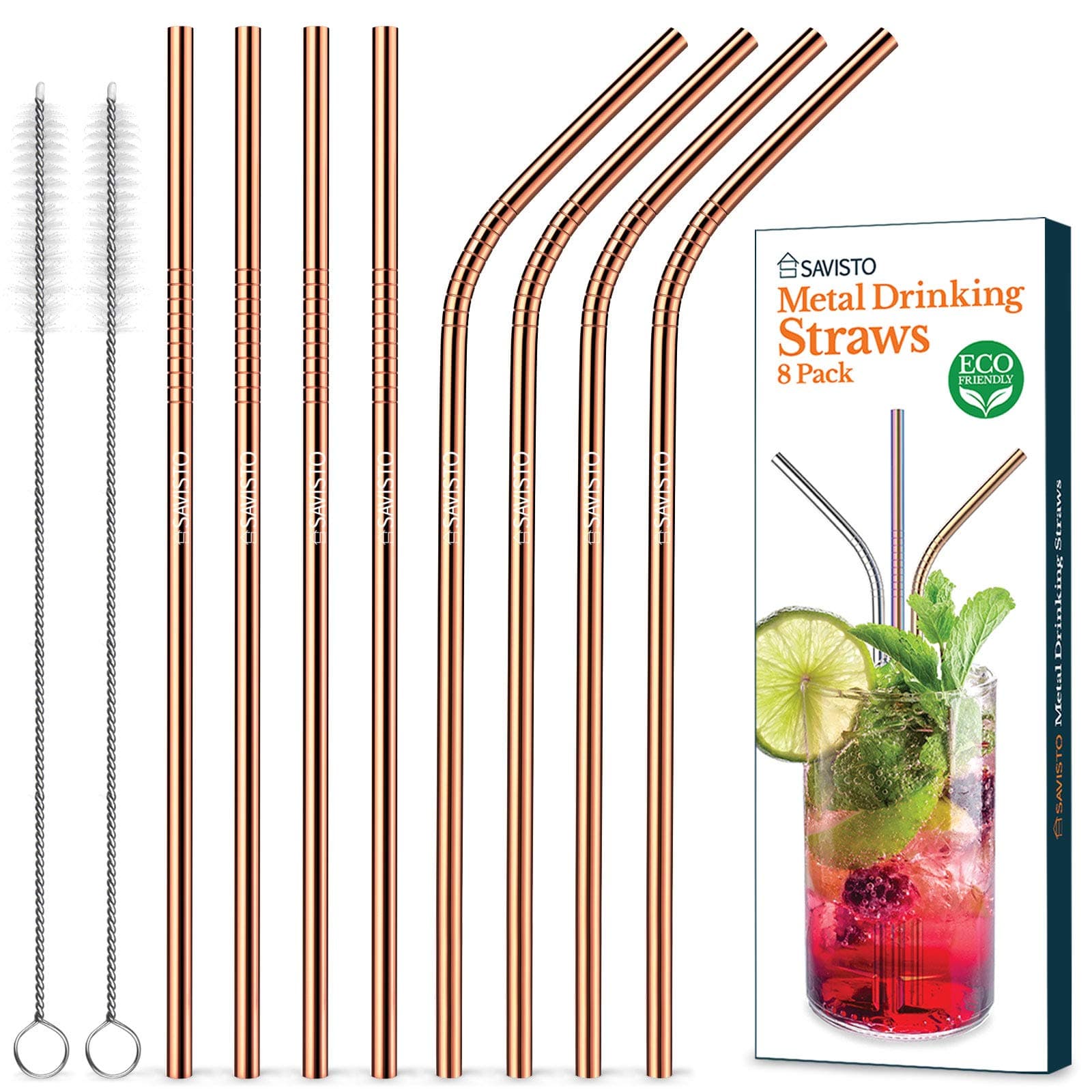 Savisto Reusable Straw Set (8 Pack) Eco Friendly, BPA-Free Metal Straw Pack, Includes 4x Straight & 4x Angled Stainless Steel Straws & 2 Cleaning Brushes for Cocktails, Smoothies & More – Copper