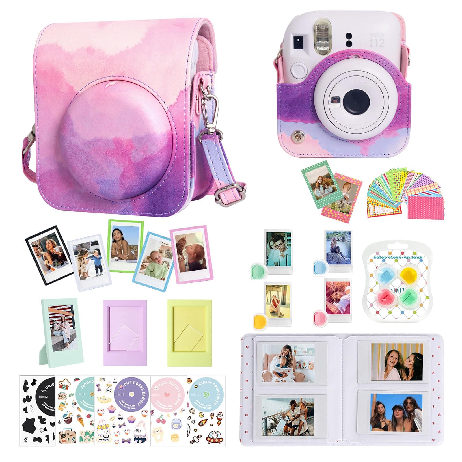 CAIYOULE Accessories for Fujifilm Instax Mini 12 Instant Camera, Accessory Bundle Include PU Leather 12 Case, Mini Picture Album, Frames, DIY Stickers, Color Filter (No Camera) - Dreamy Clouds