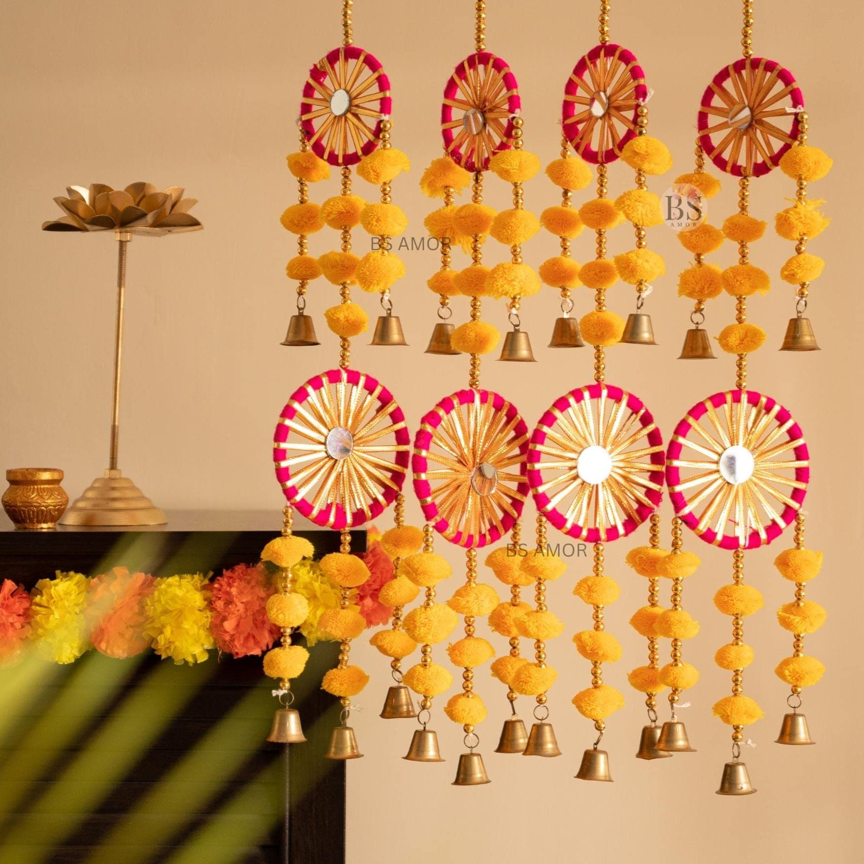 BS AMOR 4 Dual Yellow Chakri Latkan Traditional Hanging Latkan for Party, Wedding, Room, Home, Main Door,Diwali Decoration Items (4)