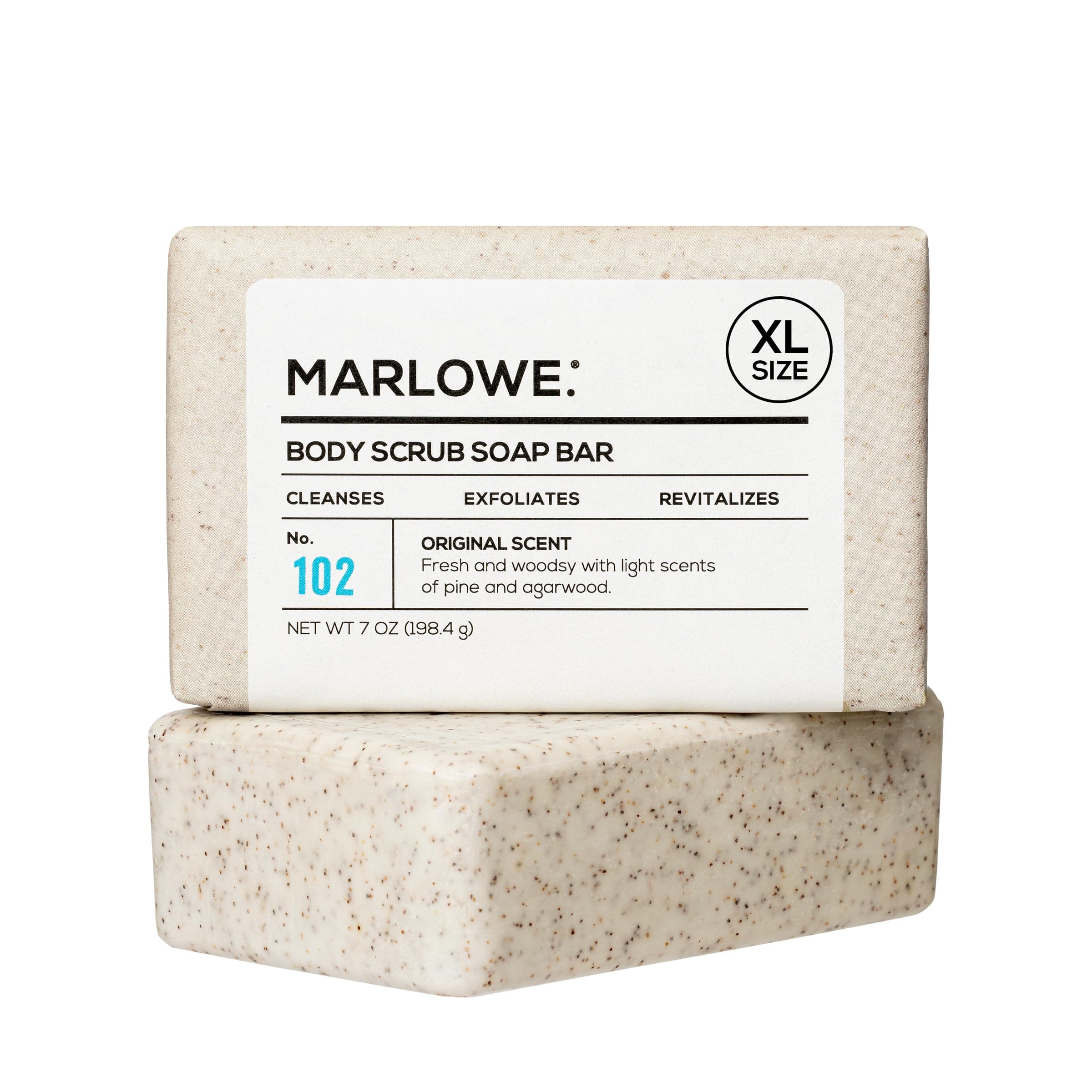 MARLOWE. No. 102 Body Scrub Soap 7 oz, Exfoliating Soap Bar with Shea Butter, Olive Oil & Green Tea Extracts, Cleanses, Smooths & Revitalizes Skin, Original Sage & Fir Scent