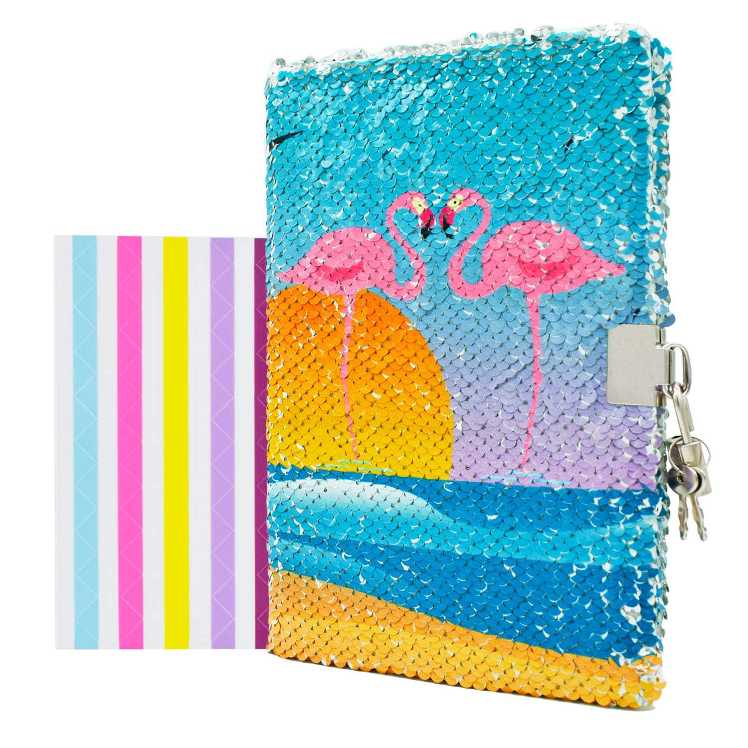 VIPbuy Kids Girls Flamingo Diary with Lock & Key Flip Sequin Journal w/Photo Corner, 8.5” x 5.5”, 156 Pages