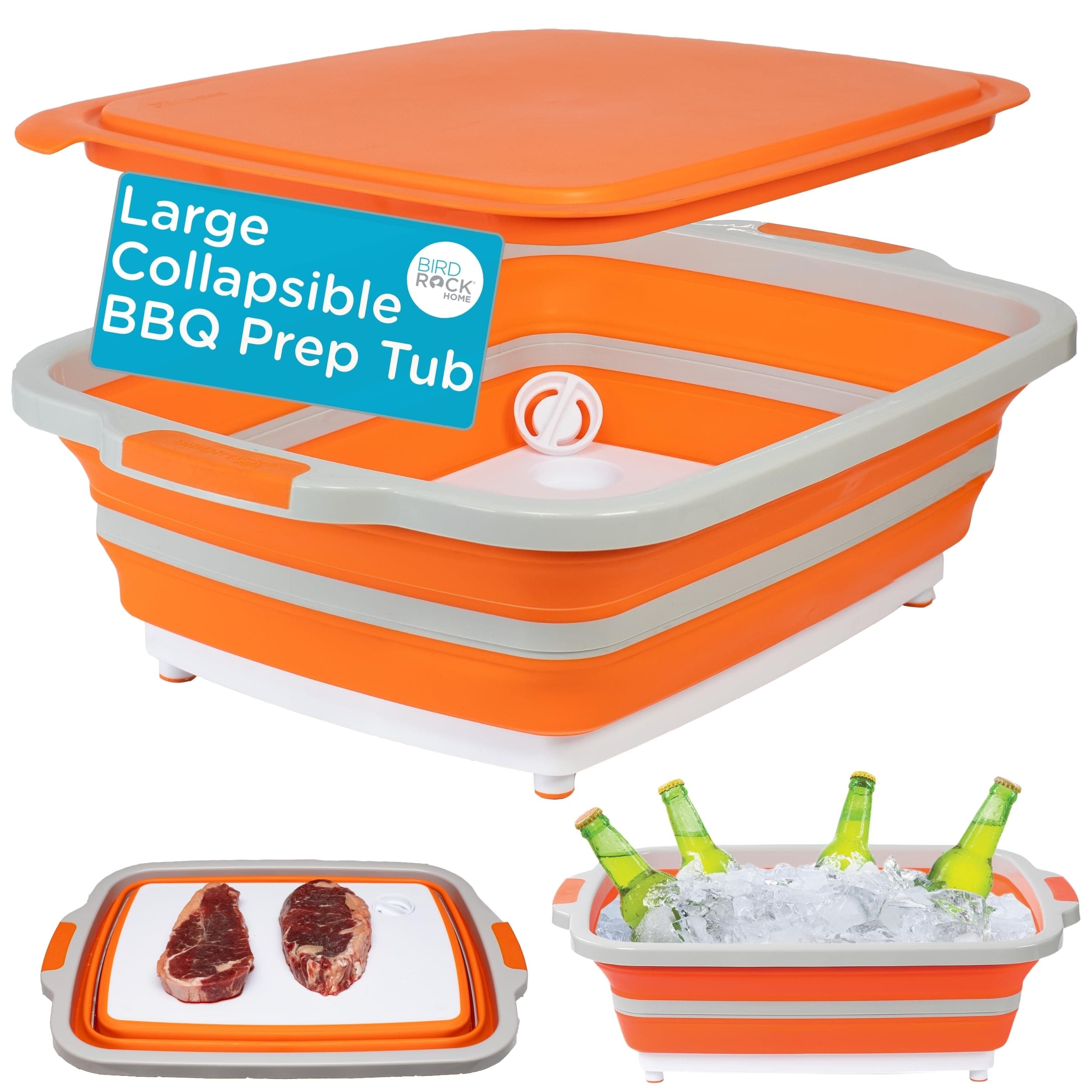 BIRDROCK HOME Collapsible Food Prep & Cutting Board and Grill Caddy Tub with Colander & Lid | Multifunctional Kitchen Vegetable Washing Basket | Silicone Dish Tub for BBQ, Picnic, Tailgate and Camping