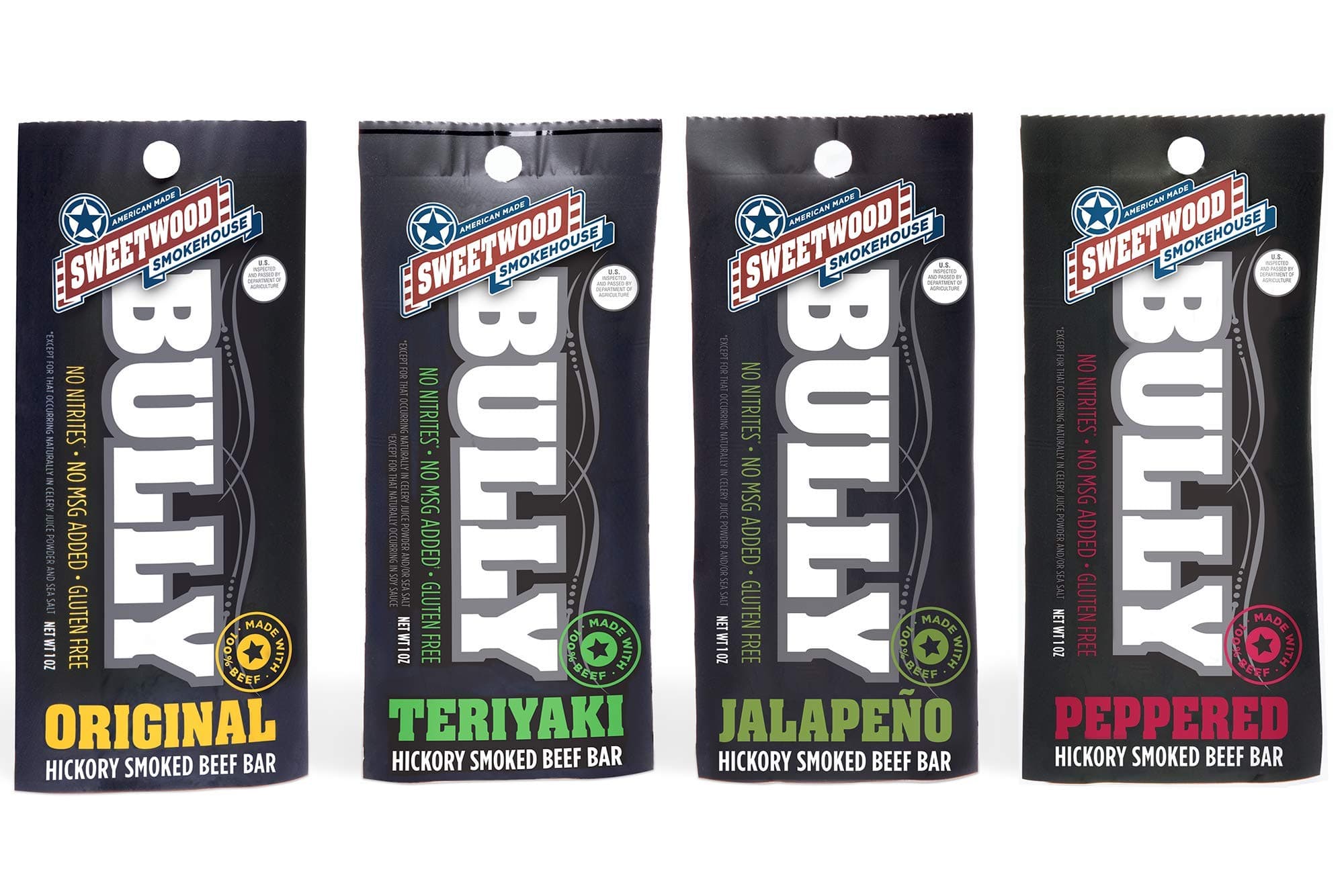 Sweetwood Smokehouse Smoked Beef Stick | Bully Bar | Variety Pack | 5 Pack of 1 oz Bags | USA Grass Fed Beef | Keto Friendly, Paleo, Hickory Smoked, Gluten Free Snack | No Nitrates, No Added MSG