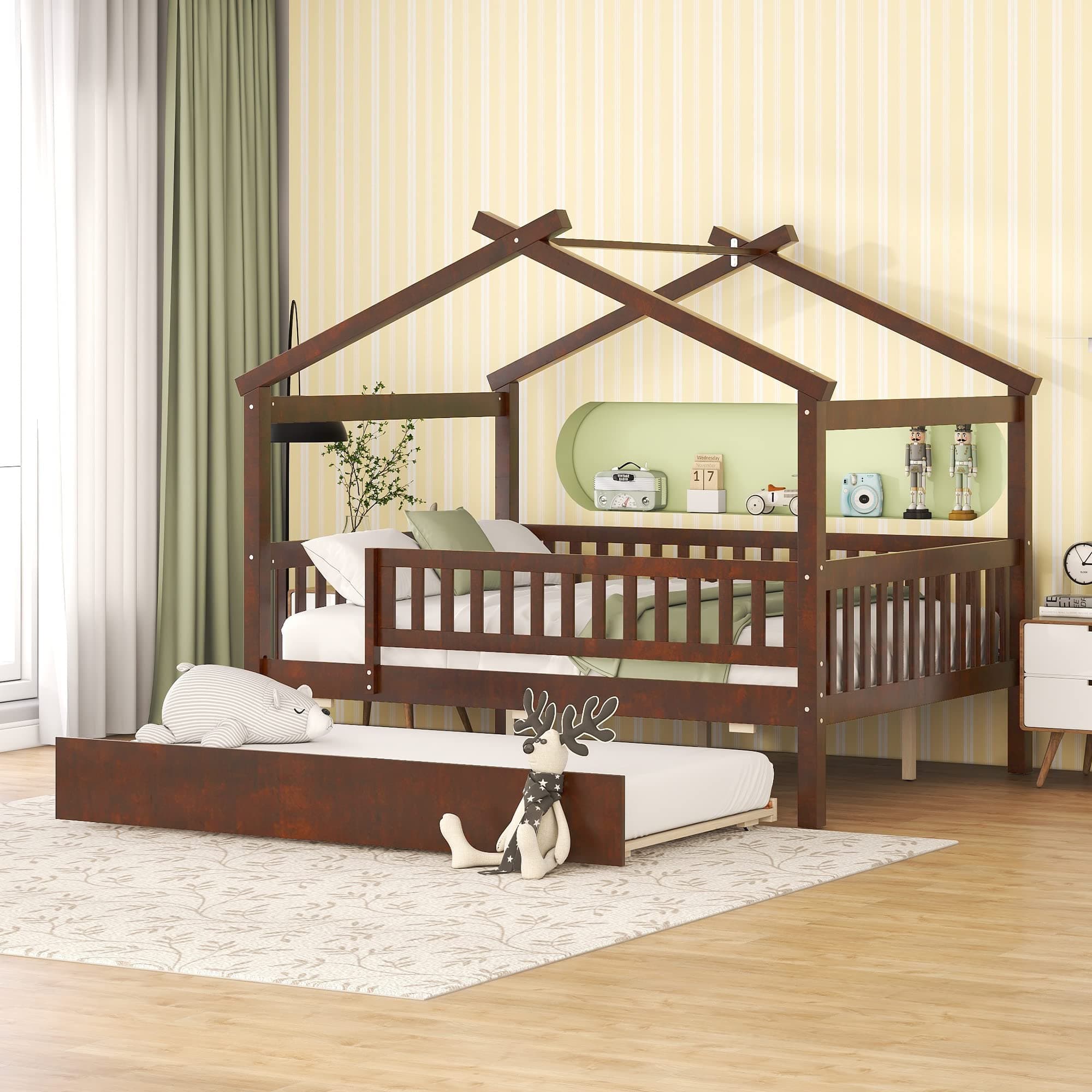House Bed with Trundle and Fence, Full Size Montessori Style Beds with Railings, Wooden Playhouse Bed Frame for Kids Girls Boys, Walnut