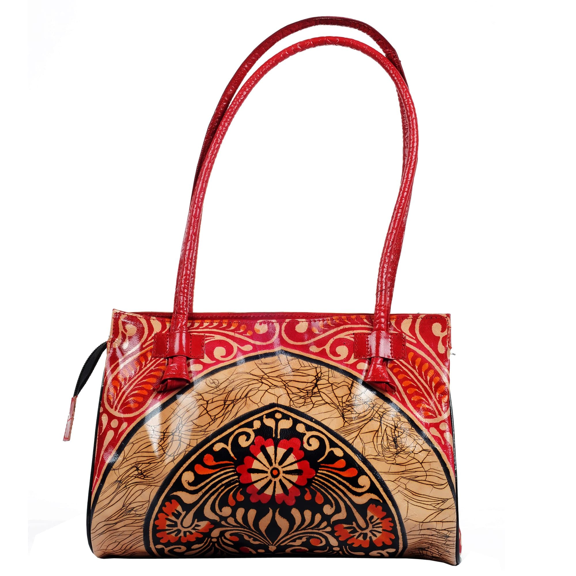 ZINT Women's Genuine Leather Shoulder Purse Tote Shantiniketan Boho Ethnic Batik Design Handbag, Red, M