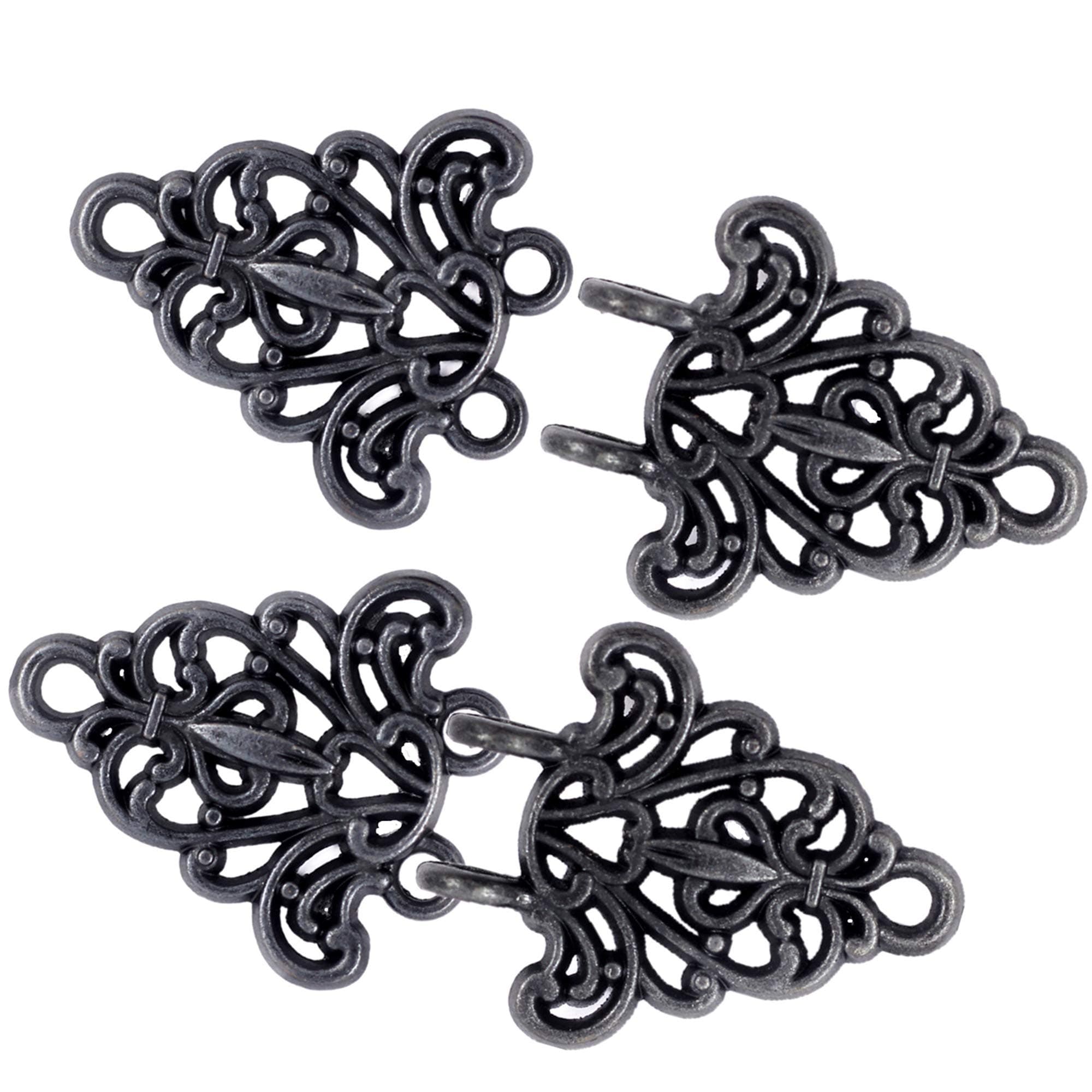 BEZELRYBezelry 4 Pairs Filigree Trivet Cape or Cloak Clasp Fasteners. 64mm x 29mm Fastened. Sew On Hooks and Eyes Cardigan Clip (Vintage Black)